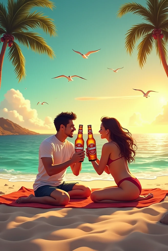 Cute heterosexual couple having fun on the beach and drinking beer. He has short black hair and a beard.. She has long, black hair. both have tattoos.