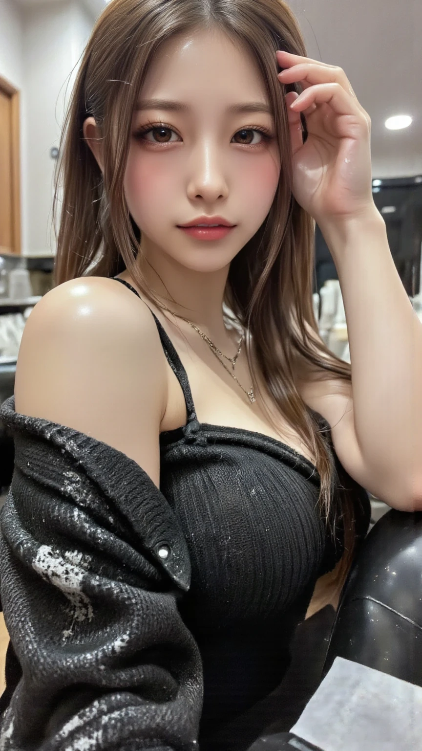 ((Realistic lighting, top quality, 8K, Masterpiece: 1.3)), clear focus: 1.2, sexy Japanese female idol, perfect body beauty: 1.4, slim abs: 1.1, ((neon pink hair, platinum blonde highlights, long straight hair, sparkling earrings , sparkling necklace, 1.3)), (wearing a black silk robe, in the big bedroom, makeup vanity, night time, dark, sexy pose, ultra-fine face, narrow eyes, double eyelids, seducing with sexual expressions, 20 year old Japan, emphasis on breasts, , smile, , laying next to the wall, hourglass body, , full body shot