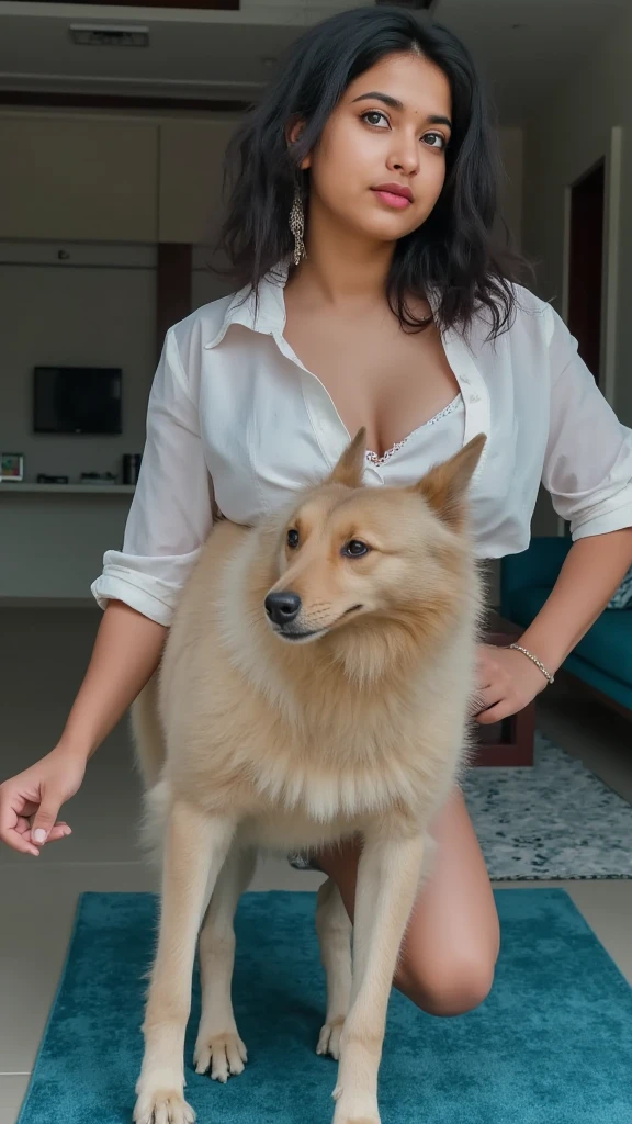 (Realistic:1.5), Sonam Bajwa, bikini, playful, casual setting, dog with golden fur, Sonam Bajwa in an intricately designed two-piece bikini, fine details in fabric texture, Sonam Bajwa's expressive face filled with joy, her curly brown hair loose around her shoulders, the golden retriever playfully nuzzling against her side, soft natural light illuminating the scene, masterpiece, super detailed, capturing every curve and wrinkle, perfect synchrony between Sonam Bajwa's embrace of the dog and her relaxed, content smile, high quality, RAW photography, 4K UHD, sun