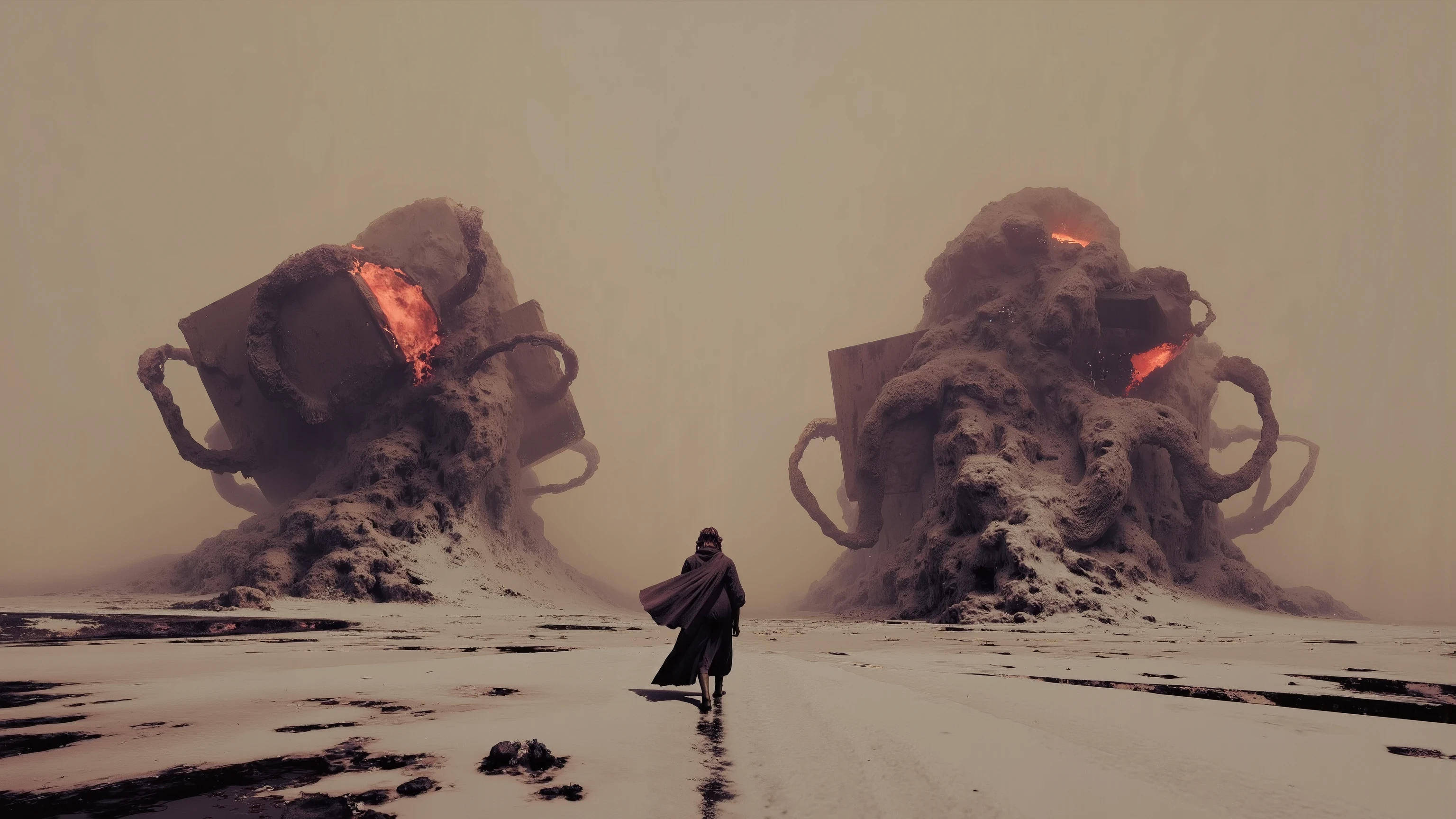 地面有巨大的管道和电路纹理组成,A lone figure walking across an icy plain, their path marked by large, floating geometric forms that glow softly in the twilight, surreal ink fantasy illustration, intricate fine-line details, rich cinematic lighting, organic textures merging with figures, muted earthy tones with glowing red and gold highlights, dreamlike psychological atmosphere, dark fantasy storytelling, ethereal supernatural elements, negative space blending into surreal backgrounds.维度转换建筑设计,全部由几何形体构成的建筑,unreal engine:1.4,超高清,质量最好:1.4, fotor现实主义者:1.4, 杰作:1.8, 超凡脱俗, , 新星球的殖民地, 阴郁氛围, 狂野的气氛, 恶劣的环境, 令人惊叹, 令人惊叹的艺术品. (质量最好,4K,8千,高分辨率,杰作:1.2), 超详细的 ,(现实主义者,fotor现实主义者,fotor现实主义者:1.37),HDR,超高清,工作室照明, 超薄涂料, 清晰的焦点, 基于物理的渲染, 非常详细的描述, 专业的, 梦幻城市, 帝国的首都, 超高摩天大楼. 用于停泊星际巡洋舰的太空塔, 刺破天空, 这条河穿过城市, 城市花园中的瀑布, 超高瀑布, 从不睡觉. , 它的建筑奇迹体现在未来派风格中,Город 充满活力, 现代科技与传统的阿拉伯豪华城市结构无缝融合.. This is an 令人惊叹 piece of art, 使用Pixai, 让强大的人工智能模型焕发生机, 展现我们想象力的无限创造力和可能性. 在 Pixai 体验未来城市景观,沉浸在幽灵般的艺术世界中, 充满熔岩的深不见底的裂缝, 熔岩瀑布, 火与烟, 一艘运输飞船停泊在宇宙港航站楼, 科幻感,金属质感,大广角构图。场景空旷感,神圣感, 栅格光影,天空中有一个金色的圆环发着光,营造出深度感和视角感, 暗色调,影视构图,广角构图,电影光照,Art by Piotr Jabłońsrk4rt,Billie Eilish