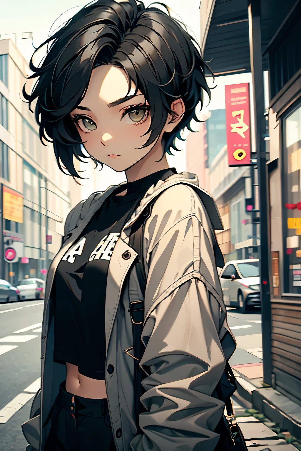 Uma garota, , Pixie style short black hair, Stylish hair using minimalist and casual outfits, Sweet looking . Better Quality, pretty face, hd, 8k, 1.2