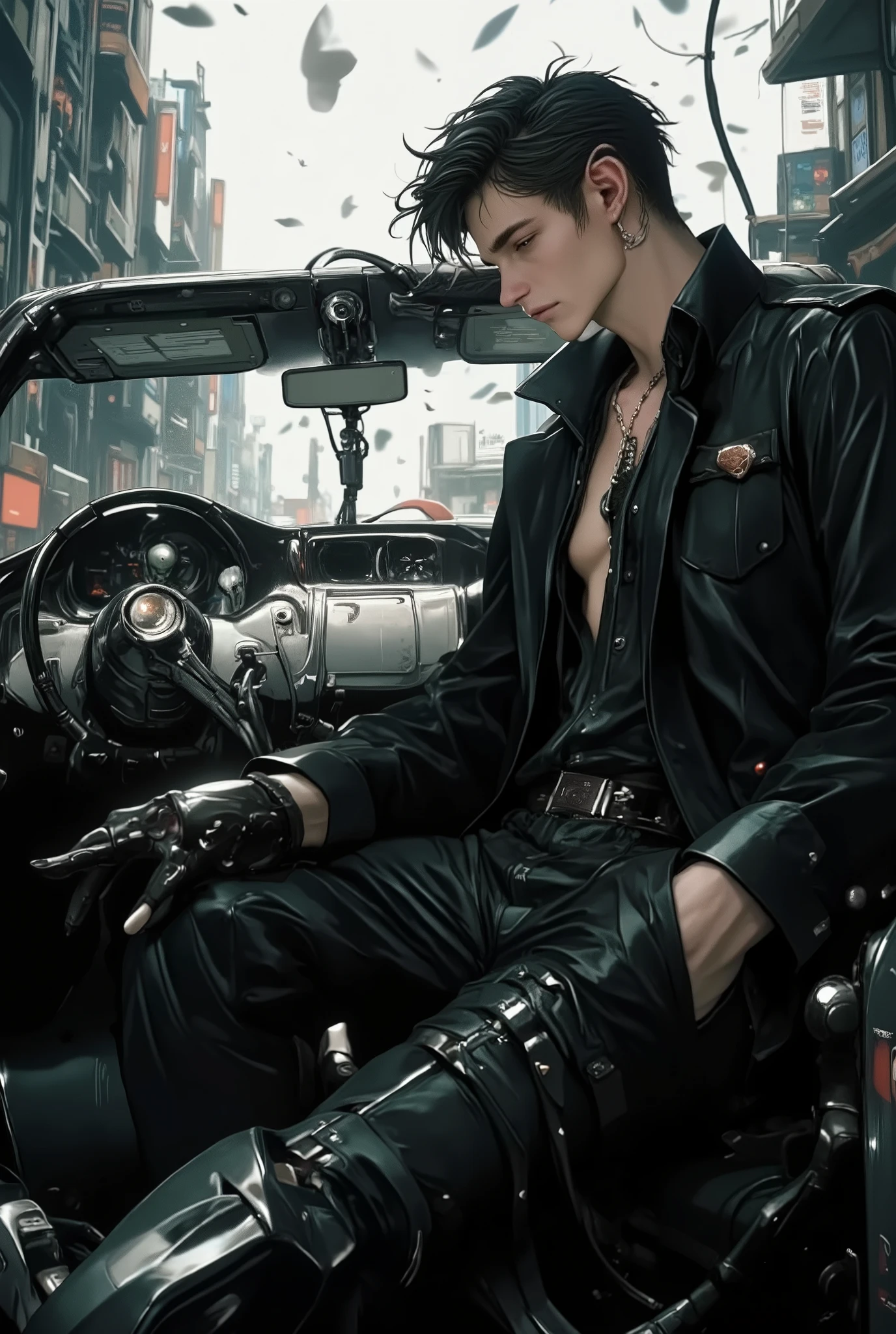 Full plane from head to toe , plano general:1.4, ( Handsome young Cyborg ) bold, threatening look . is half in profile the image can be seen from head to toe, there is wind, leaves flies and some dust , He wears gothic clothes . , with mechanical parts of the body , terminal cables circuits , she looks at the horizon , U High Definition, Retina, masterpiece, Precise, Anatomically correct, Old school , super detail , High Details , HIGH QUALITY, winning the , best quality , highres, 1080P, High Definition, 16K