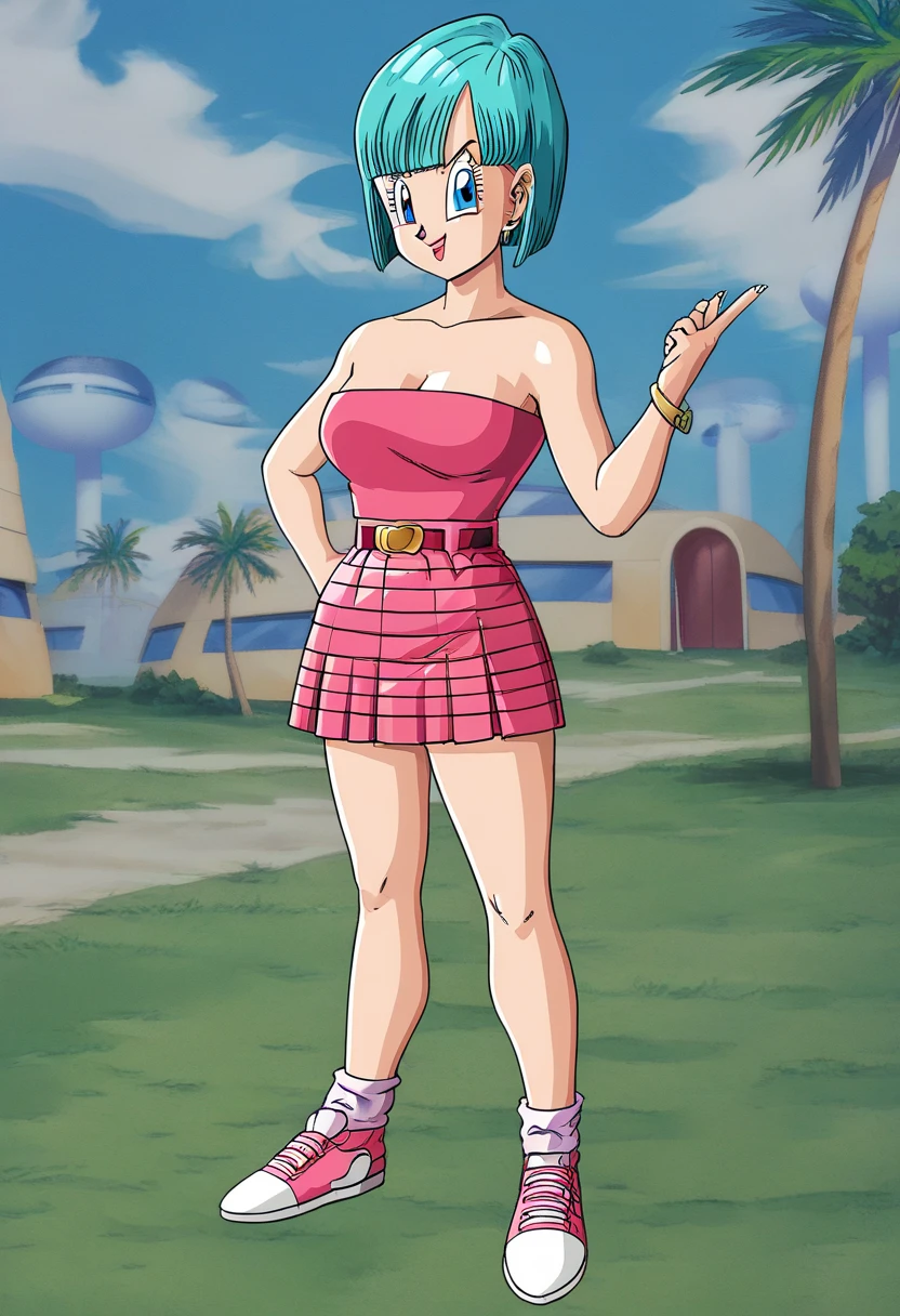27 year old Bulma in a pink bikini and super thick legs and barefoot full body surrounded by shit
