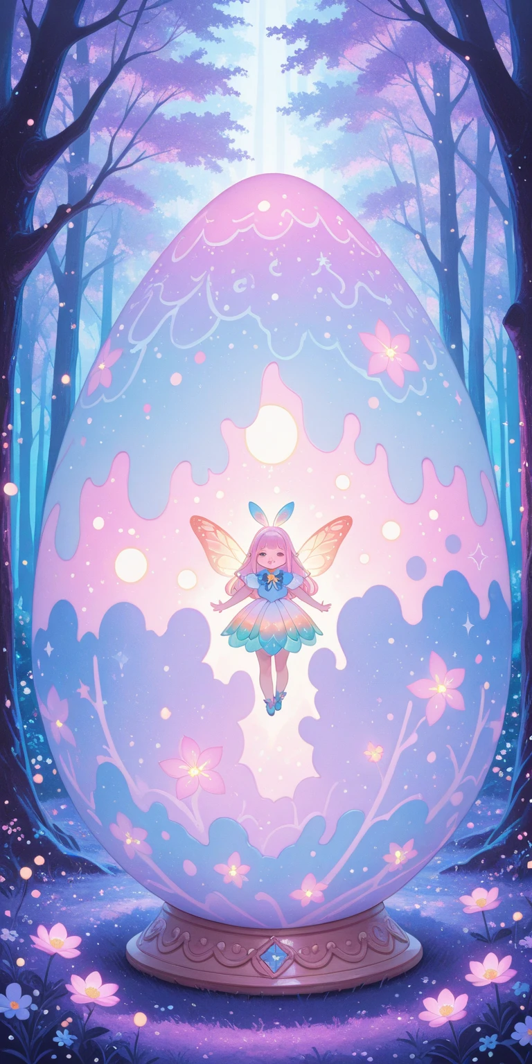 masterpiece, best quality, amazing quality, hyper-detailed, newest, very aesthetic,  chibi, 1girl, wearing a playful outfit, holding a glowing easter egg, surrounded by colorful lilies, cute mythical creatures, fairy tale atmosphere, whimsical food presentation, vibrant and cheerful colors, adorable spring-themed dishes, exaggerated expressions, light-hearted and fun vibe, magical creatures in a comical, whimsical style, oversized eggs, pastel colors, fantasy forest, surreal and silly design, soft glowing lights, cute and surreal setting, vertical composition
