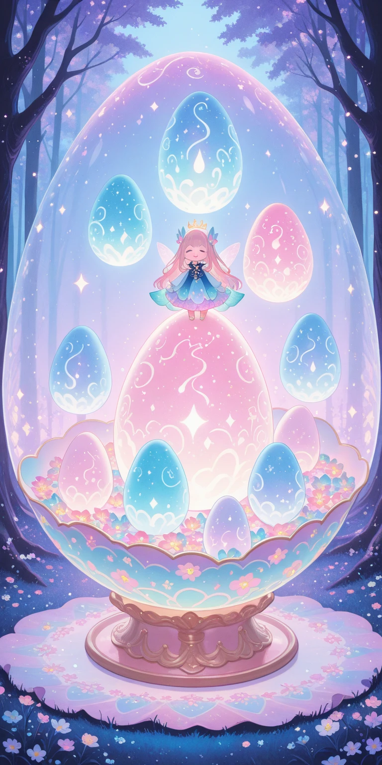 masterpiece, best quality, amazing quality, hyper-detailed, newest, very aesthetic,  chibi, 1girl, wearing a playful outfit, holding a glowing easter egg, surrounded by colorful lilies, cute mythical creatures, fairy tale atmosphere, whimsical food presentation, vibrant and cheerful colors, adorable spring-themed dishes, exaggerated expressions, light-hearted and fun vibe, magical creatures in a comical, whimsical style, oversized eggs, pastel colors, fantasy forest, surreal and silly design, soft glowing lights, cute and surreal setting, vertical composition

