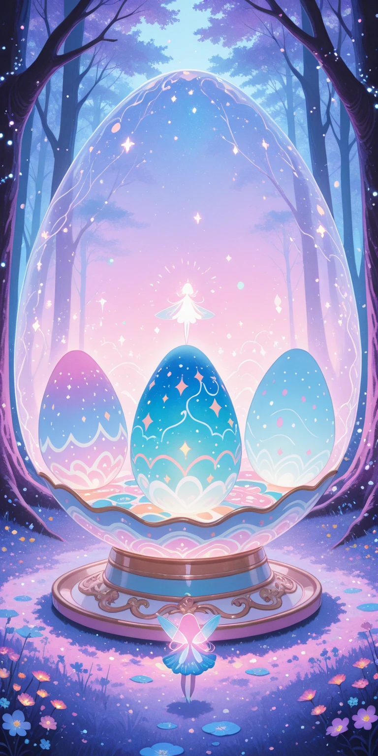 masterpiece, best quality, amazing quality, hyper-detailed, newest, very aesthetic,  chibi, 1girl, wearing a playful outfit, holding a glowing easter egg, surrounded by colorful lilies, cute mythical creatures, fairy tale atmosphere, whimsical food presentation, vibrant and cheerful colors, adorable spring-themed dishes, exaggerated expressions, light-hearted and fun vibe, magical creatures in a comical, whimsical style, oversized eggs, pastel colors, fantasy forest, surreal and silly design, soft glowing lights, cute and surreal setting, vertical composition
