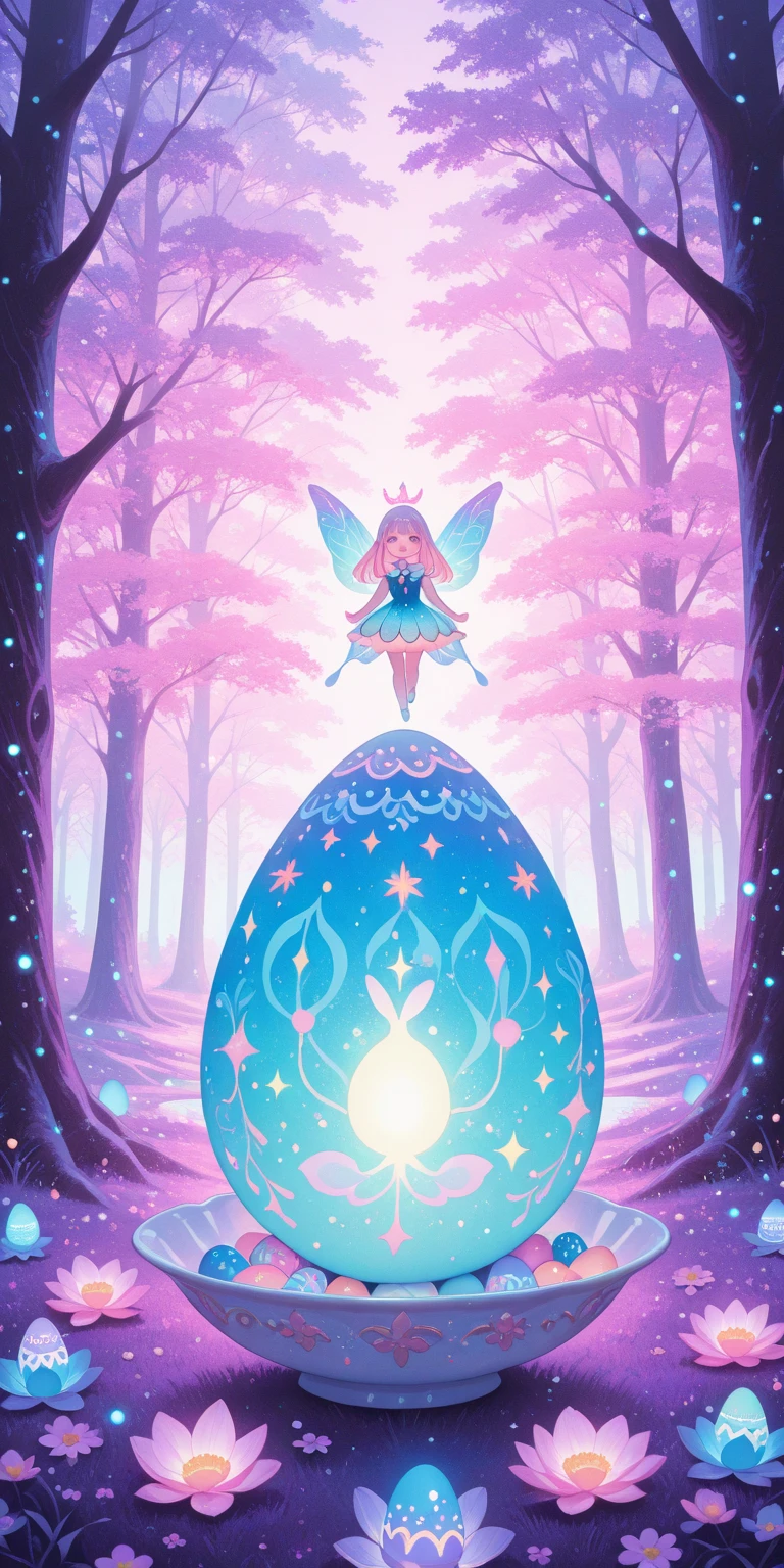 masterpiece, best quality, amazing quality, hyper-detailed, newest, very aesthetic,  chibi, 1girl, wearing a playful outfit, holding a glowing easter egg, surrounded by colorful lilies, cute mythical creatures, fairy tale atmosphere, whimsical food presentation, vibrant and cheerful colors, adorable spring-themed dishes, exaggerated expressions, light-hearted and fun vibe, magical creatures in a comical, whimsical style, oversized eggs, pastel colors, fantasy forest, surreal and silly design, soft glowing lights, cute and surreal setting, vertical composition
