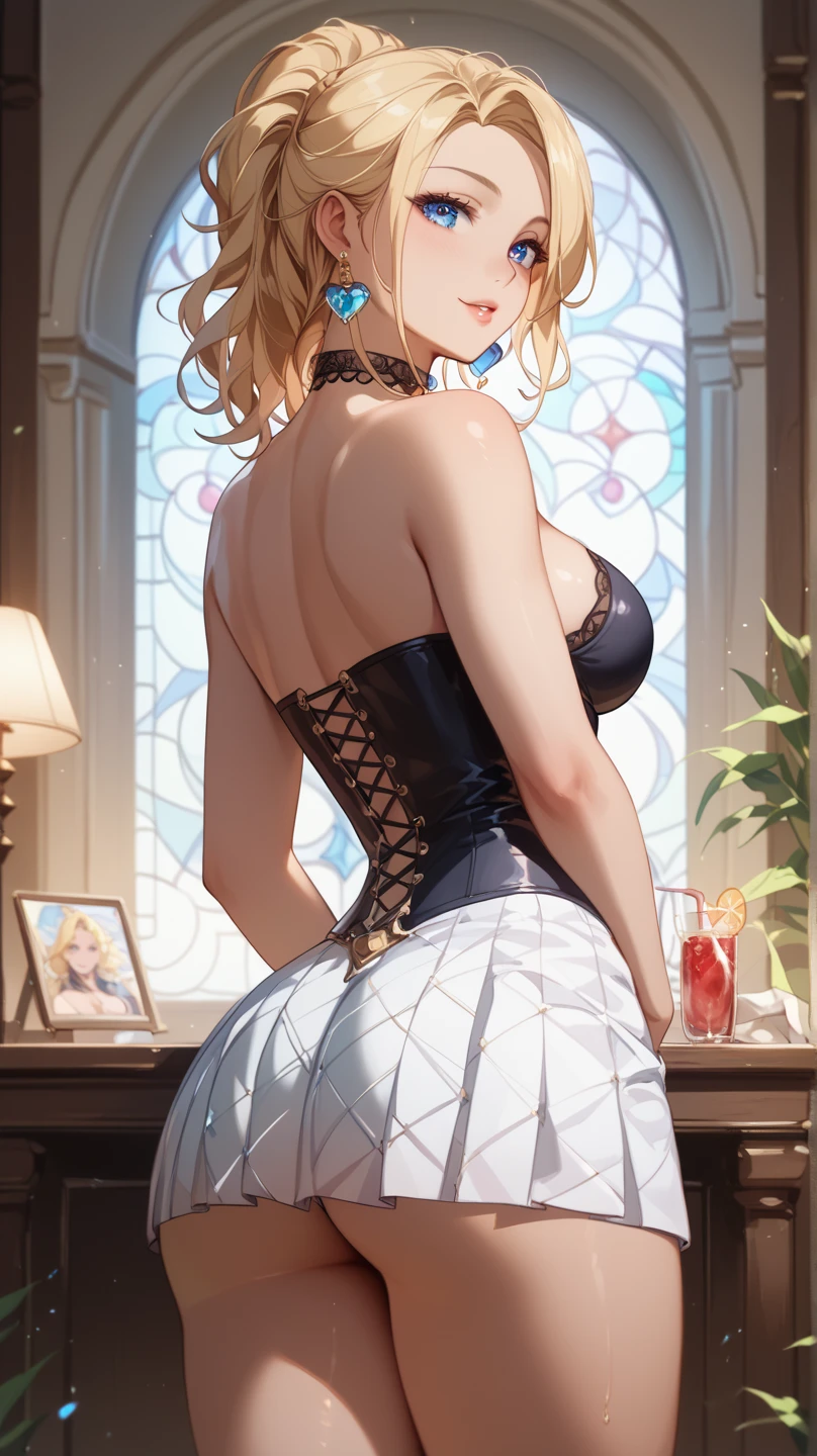 Please follow all prompts below exactly and faithfully. This is a breathtaking masterpiece of digital illustration, with maximum resolution, UHD, 512K, 2160p, 10 million ppi, 300 million dpi, natural color tones, ultra sharp details, perfect outlines with contrast, **most realistic skin and hair textures**, most beautiful detailed eye features, perfect anatomically correct human body, beautiful background with depth, rule of thirds, depth of field, Maximize all element is used to its full potential to create the best digital illustrations, looking back, from behind, 1woman, sexy:1.5, beautiful face sharp, elegant woman, perfect body style, slender, beautiful big breasts, green eyes, blonde hair, hair over one eye, short hair, glossy very thick lips:0.7, pink lipstick:0.7, smile, sexy school uniform:1.5, ultra miniskirt:1.3, neckless:1.5, earring, bracelet, (open cafe:1.5),