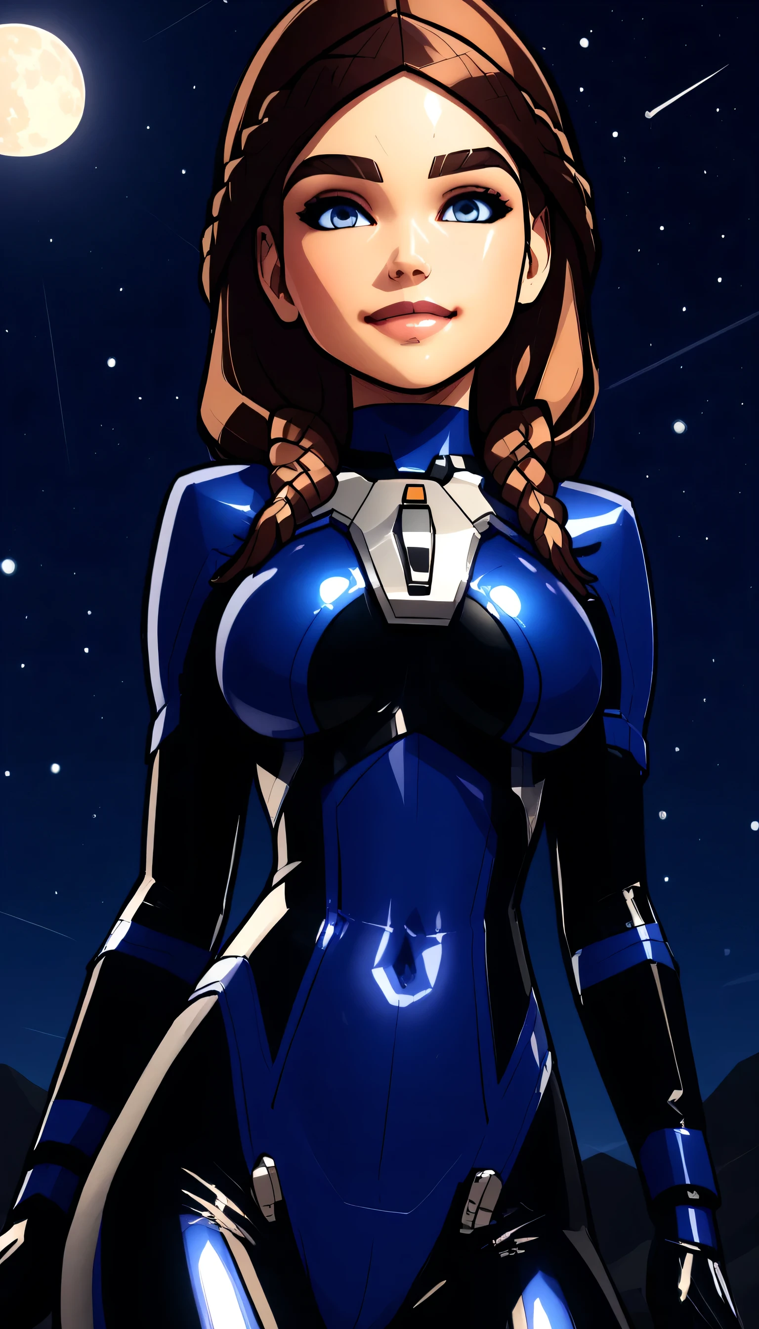 beautiful amazing 3D render, score_9, score_8_up, score_7_up, super low angle, very-tight plugsuit, shiny latex, underangle, intently looking down at viewer, 1girl, Kawaii face, Alia Atreides, very-detailed face, flawless face detail, illustrious, huge breasts, undercleavage cutout, exposed navel, exposed midriff, walking, in stride, beautifully-detailed , dark background, particles, glittery bokeh background, backlit, glossy skin, shiny skin, glistening skin, natural lips, young_adult female, short body, solo, brown hair, long hair, front-parted hair, hair to the sides, fancy braids, elegant braids, blue eyes, center pupils, lips, leaning-forward suggestively, slightly sinister facial expression, front view, in the style of David Balsamique,, heavily-outlined, thick lines, dark outline, black outline, dramatic shading, dramatic shadows, short torso, short midriff, superb underlighting, lighting by Thomas Kinkade, plotting, snobby, snooty, proud, malicious, hopeful, devious, mischievious, best of the best, Face slightly like Jennifer Lawrence, high-tech suit, focus on making her eyes stand-out and make them very-very-beautiful. alluring, a certain allure, the prettiest eyes, just enlisted, futuristic military, above-lit, light shining down, godrays, warm tones, true depth, sense of depth, sense of realness, ambient lighting, volumetric design, odd green_glow in the background, starry sky above, milky way visible, outdoors, * "Live2D-inspired" * "parallax animation" * "multi-layered" * " depth-mapped" * " animated with subtle 3D movements" * " characters with dynamic, layered textures" * " illustrations with a sense of texture and dimension" "subtle sfumato" " delicate gradations of tone" meteor shower, comet, half-moon, moonlit night, orange-glow in background, slight sunrise, the most beautiful starry sky, detailed background, enchanting sky, photogenic, extra-detailed, intricately-detailed, semi-realistic, slightly-radiant irridescent eyes, effervescent sky,