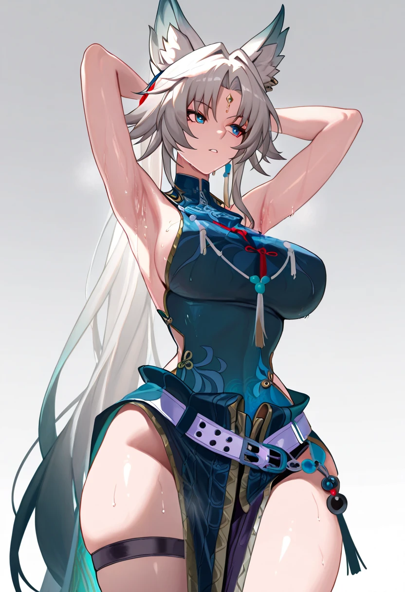 masterpiece, best quality, finely detailed, high resolution, high face detail, <lora:Coquelic_path_to_nowhere_anything_v3:0.7>, Coquelic, 1girl, (solo:1.3), red eyes, long hair, bangs, white hair, hair ornament, white dress, hair flower, red lips, jewelry, earrings, large breasts, wide sleeves, ribbon, black nails, (dark eyelashes, eyeliner:1.2) battlefield, ruined city, full body, white underwear, (micro muscle, abs:0.65), ,