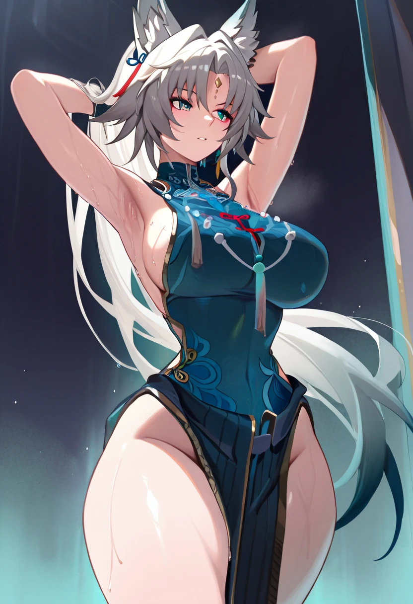 furina, furina, blue eyes, blue hair, cowlick, Ahoge, hair above one eye, light blue hair, short hair,
have, thigh strap, top have, swimsuit, side, upward glance, whole body, Slender, arms outstretched,
break looking at viewer,
break indoors,
break (masterpiece:1.2), highest quality, High resolution, unity 8k wallpaper, (figure:0.8), (detailed and beautiful eyes:1.6), highly detailed face, perfect lighting, Very detailed CG, (perfect hands, perfect anatomy),