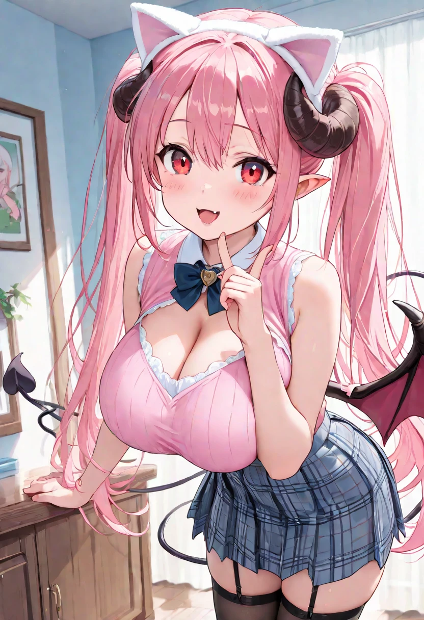 High resolution, Very detailed, perfect lighting, beautiful detailed eyes, ((masterpiece,Best Quality)), absurdities, alone, princess zelda, by the width, crown braid, Hair clip, pointy ears, Gloves without fingers, black gloves, smile, curves, nod, , deep neckline, deep neckline, black thong, touching her breasts in a sexy way, close up, pigtails with bangs, pigtails with bangs, touching her breasts in a sexy way, teal eyes, close up, pigtails with bangs, pink boina, Slim fit sailor suit, Slim fit sailor suit, short black skirt, down on my knees, down on my knees, pink boina, pink boina, pink stockings, pink stockings, crouched on her knees, overhead, overhead, view from behind, view from behind, big ass, pigtails with fringe, sexy pink lingerie