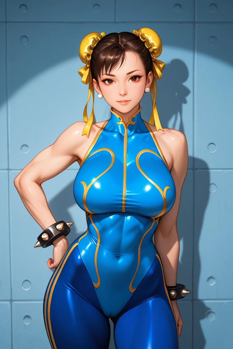 Woman in her 20s, chunlims, (perfect face), defined chin, beautiful brown eyes, beautiful lips, (short brown hair, bun, double bun), (perfect anatomy), (athletic body), (sexy), (thick thighs), (perfect hands), (blue cheongsam), blue tights, pointed bracelets, looking at the viewer, (full mid-plane photograph), (fight arena background), realistic, cyberpunk
