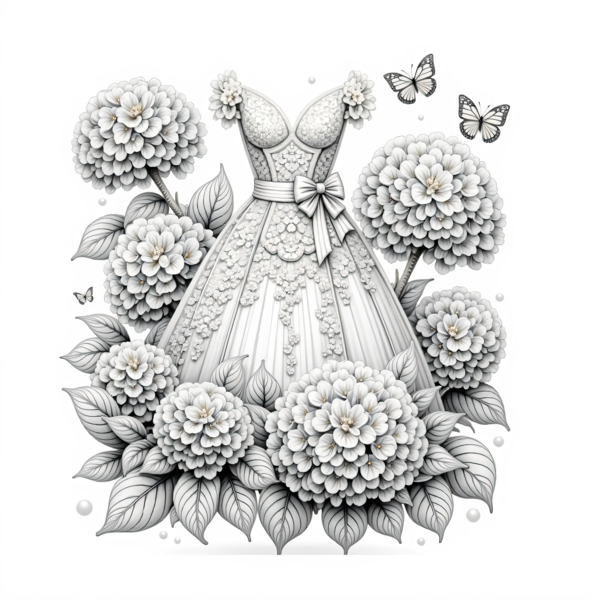 Beautiful line art illustration. Depicts an elegant long dress surrounded by delicate hydrangeas. White background. Black and white illustration. Adult coloring page.