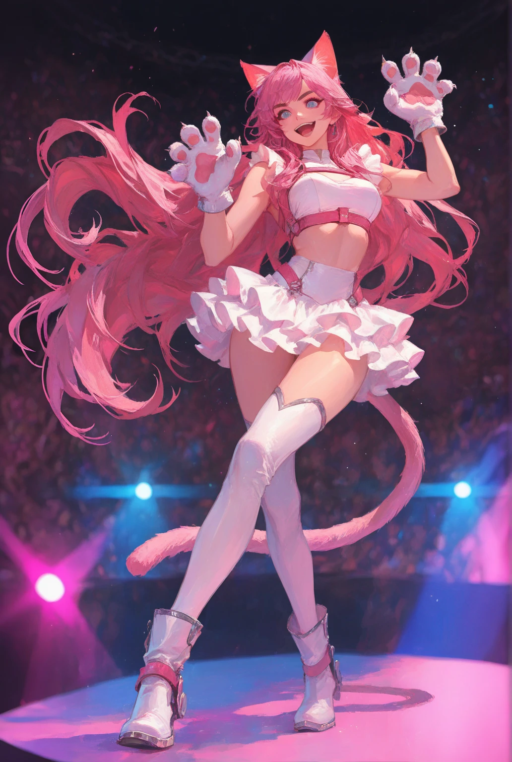 Tt_flat, Steven Universe, whitepink hair:1.5, bigsize long ponytail, low length, low length, low length, topless, topless, topless, 小柄な liTtle small junior body, CureLovely, vest, pink bow, heart brooch, wrist cuffs, pink skirt, heart hair ornament, puffy sleeves, thigh boots, Forward bending pose, Highest quality, masterpiece, Ultra-high resolution, One girl, In the Dark, Deep Shadow, Modest, Cold Light, Sexy Looks, 口を開けたsmile,, low length, low length, low length, topless, topless, topless, Nipples are visible through the bra, Nipples are visible through the bra, Nipples are visible through the bra, Large nipples, whitepink hair:1.5, Pink Hair, Pink Hair, Pink Hair, bigsize long ponytail, super long ponytail, super long ponytail, super long ponytail, high quality, high detail, beautiful, high resolution, 8K, Super detailed, smile, Open your mouth