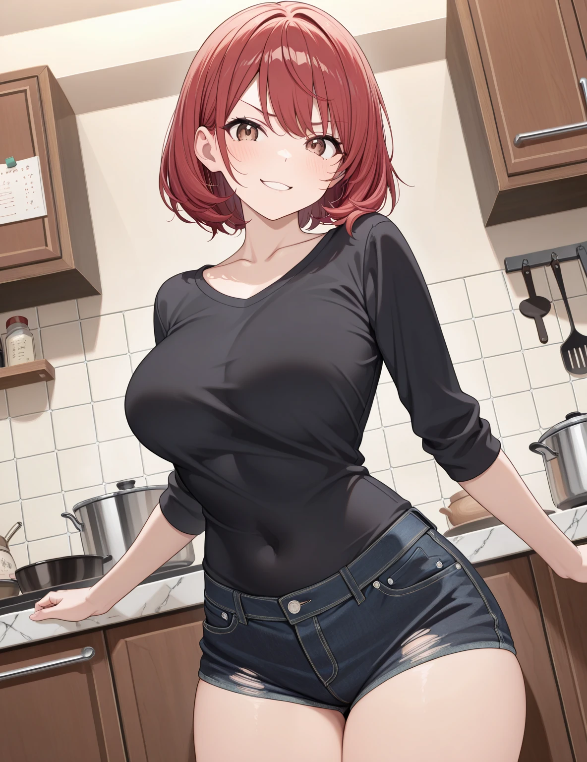 Young girl, red hair, brown eyes, glasses, medium hair, black t-shirt, denim skirt, medium breasts,happy smile,clenched teeth, open mouth, hands on hips, castle, indoor, shining eyes