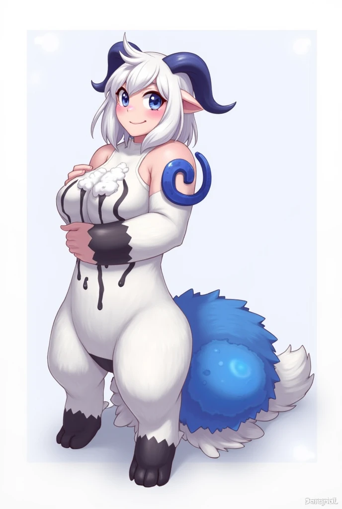 Solo, score_9, score_8_up, score_7_up, score_6_up, score_5_up, score_4_up, source_furry, kemono style, jinx league of legends, she is an Anthro furry white arctic fox, all white furry body, tattoos, snout, tail, pink eyes, simple background, naked, seductive pose, lying on her back, covering her breasts and pussy