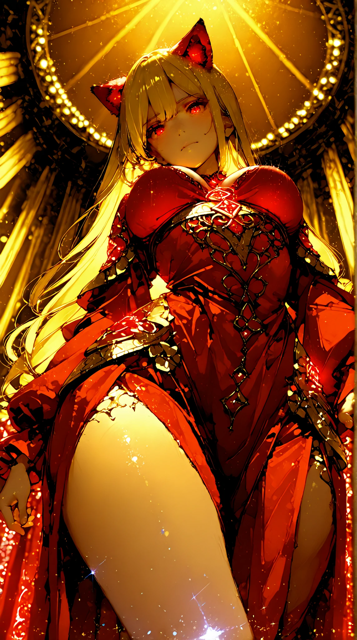 (close up) (full body pose) (crawling on fours:1.4) (adult woman:1.2) (topless:1.1) (elaborate beautiful dress:1.2) (ruby red chains on wrists) (from behind:1.3) (ruby red halo) red rose choker, night, dark cozy bedroom, mood lighting, on red velvet bed, Absurd, Perfect Anatomy, performance, Good lighting, Shadows in the movies, very large breasts, large butt, thin waist, Long HAIR, (blonde hair), (loving look:1.4), original HAIR style, Dynamic Angle, (detailed face:1.3) (dynamic lighting:1.5), (ruby red eyes) (ruby red leaf bracers on arms) (ruby red leaf hair piece) (elaborate ruby necklace) (red roses on bed:1.3) (red roses in hair) (stunning beautiful red eyes)