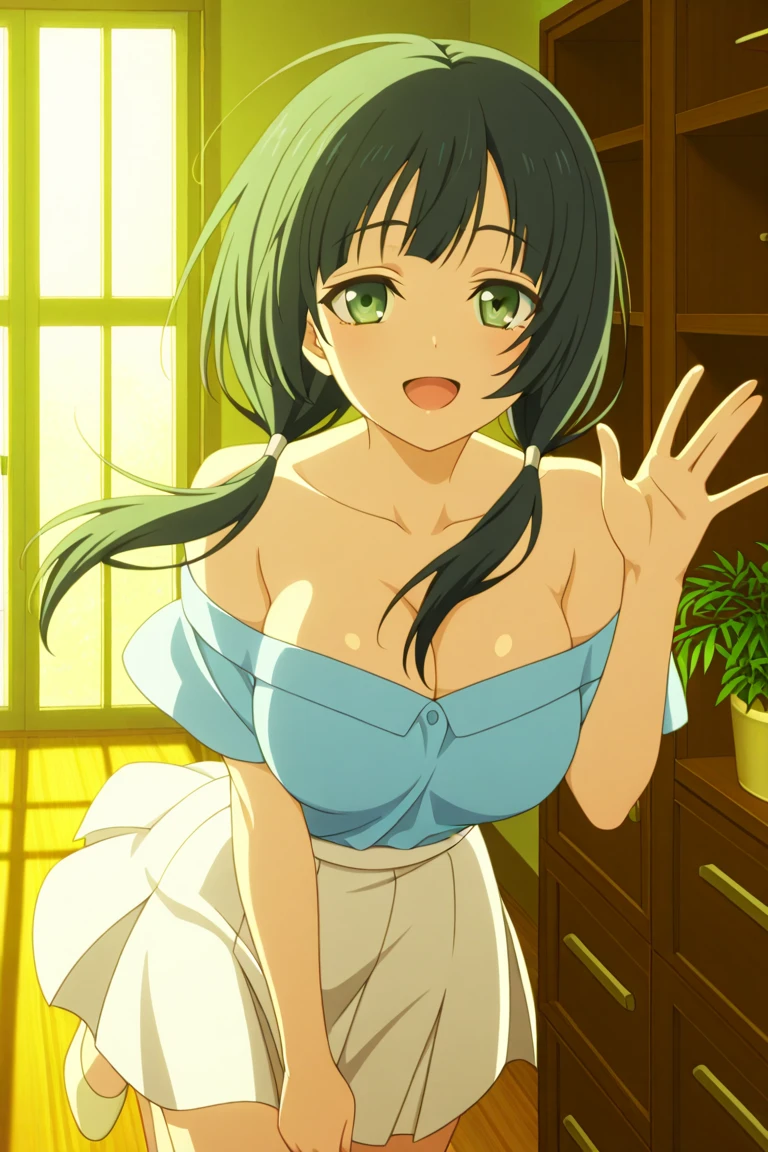 (highest quality, 8k, High resolution, masterpiece:1.2), Anime art style, Hyper Detail, himeragi yukina, Brown eye, Black Hair, Hair between the eyes, Medium Hair, 1 girl, Perfect Face, eye_Light_big,Small medium breast, Soft impression, alone, (Green Fairy Dress,plunking neckline, Decoration, jewelry, Smile, Earrings, Party), Cowboy Shot, looking at viewer,