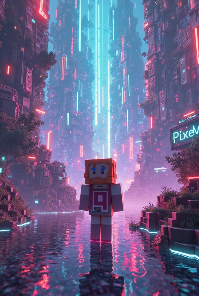 a voxel (naked) woman as a Minecraft sitting on the building rooftop at night, [MELISSA BENOIST], [Evanna Lynch], Emma Watson, maximalist goth, neon sign lights, by Carne Griffiths, Pino Daeni, thick ass, PERFECT (((gorgeous FACE))), highly detailed, INTRICATE