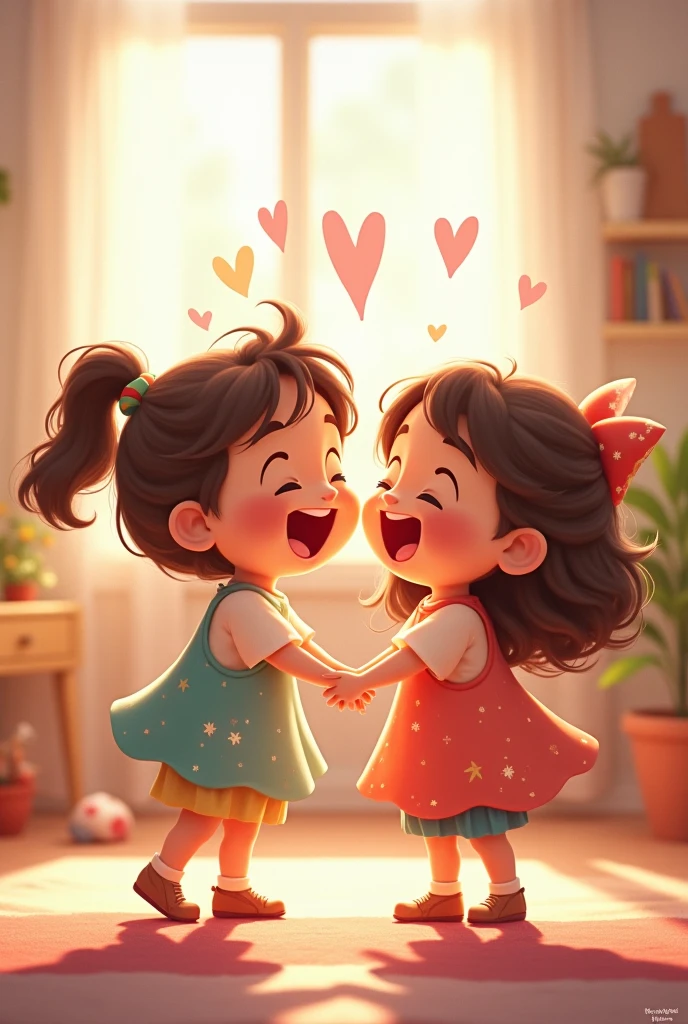Two girls are in the living room of a house.