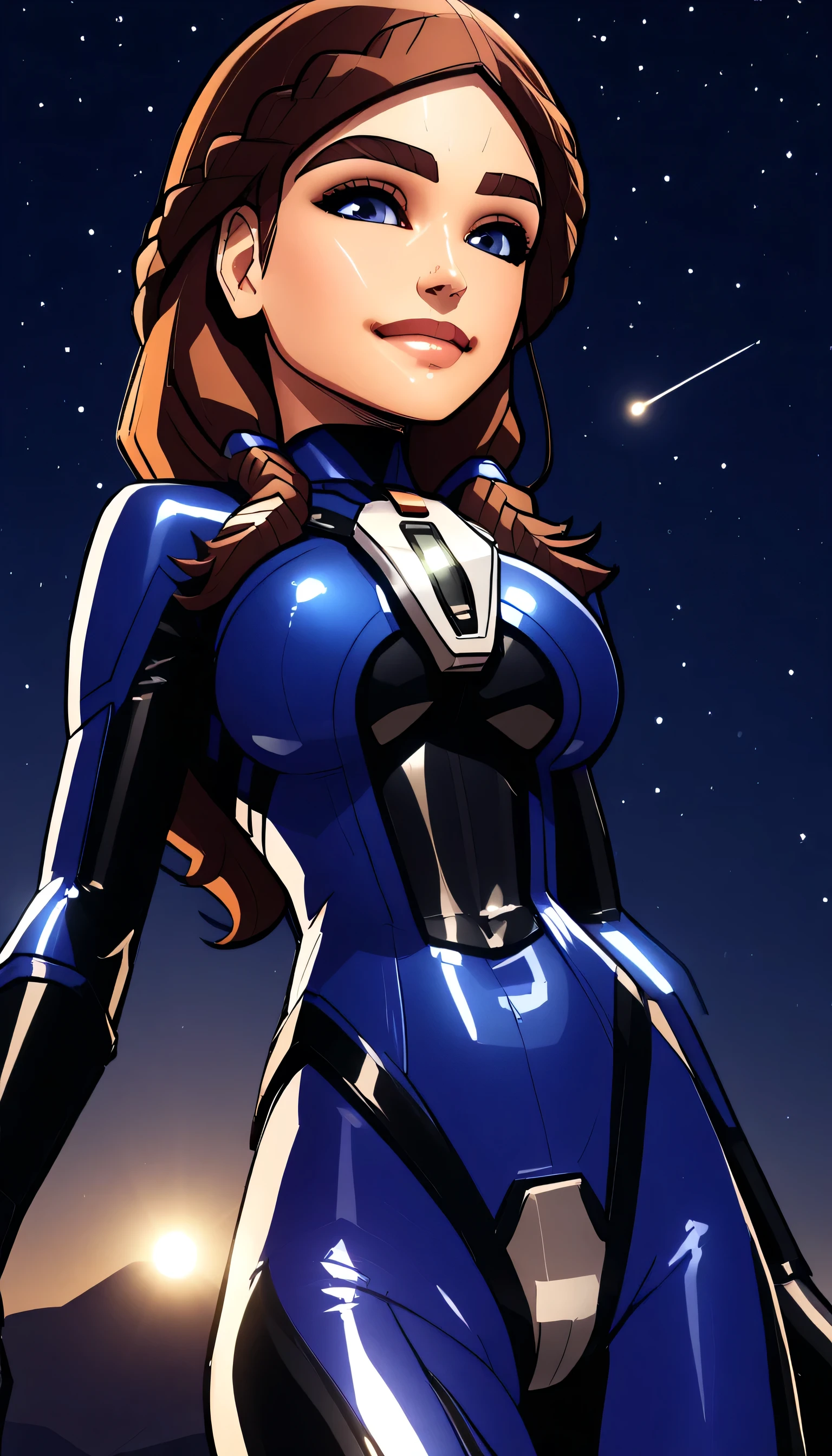 beautiful amazing 3D render, score_9, score_8_up, score_7_up, super low angle, very-tight plugsuit, shiny latex, underangle, intently looking down at viewer, 1girl, Kawaii face, Alia Atreides, very-detailed face, flawless face detail, illustrious, huge breasts, undercleavage cutout, walking, in stride, beautifully-detailed , dark background, particles, glittery bokeh background, backlit, glossy skin, shiny skin, glistening skin, natural lips, young_adult female, short body, solo, brown hair, long hair, front-parted hair, hair to the sides, fancy braids, elegant braids, blue eyes, center pupils, lips, leaning-forward suggestively, slightly sinister facial expression, front view, in the style of David Balsamique,, heavily-outlined, thick lines, dark outline, black outline, dramatic shading, dramatic shadows, short torso, short midriff, superb underlighting, lighting by Thomas Kinkade, plotting, snobby, snooty, proud, malicious, hopeful, devious, mischievious, best of the best, Face slightly like Jennifer Lawrence, high-tech suit, focus on making her eyes stand-out and make them very-very-beautiful. alluring, a certain allure, the prettiest eyes, just enlisted, futuristic military, above-lit, light shining down, godrays, warm tones, true depth, sense of depth, sense of realness, ambient lighting, volumetric design, odd green_glow in the background, starry sky above, milky way visible, outdoors, * "Live2D-inspired" * "parallax animation" * "multi-layered" * " depth-mapped" * " animated with subtle 3D movements" * " characters with dynamic, layered textures" * " illustrations with a sense of texture and dimension" "subtle sfumato" " delicate gradations of tone" meteor shower, comet, half-moon, moonlit night, orange-glow in background, slight sunrise, the most beautiful starry sky, detailed background, enchanting sky, photogenic, extra-detailed, intricately-detailed, semi-realistic,vividly-blue eyes,