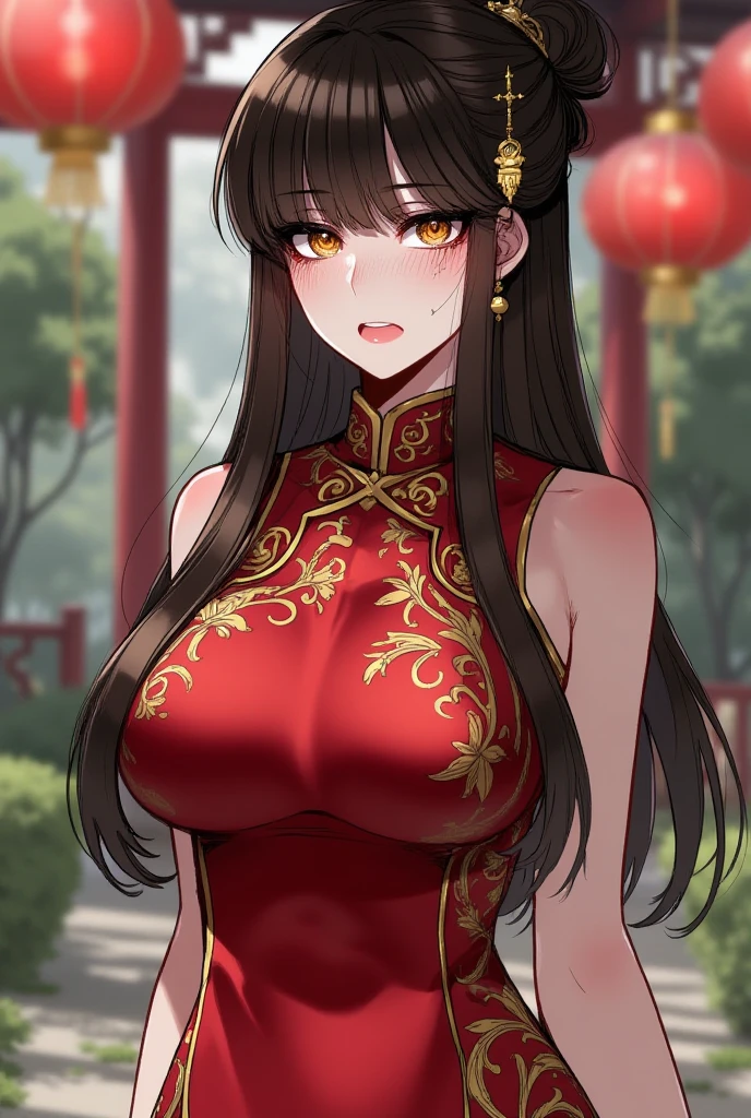 a beautiful woman,Standard red silk cheongsam,side braid,short black hair,Large Breasts,Sexy,Slim body,noble, (gold embroidery thread), (Such),cleavage, City,Outdoor Chinese restaurant,Smile,lipstick,Wear a gold bracelet on your right hand