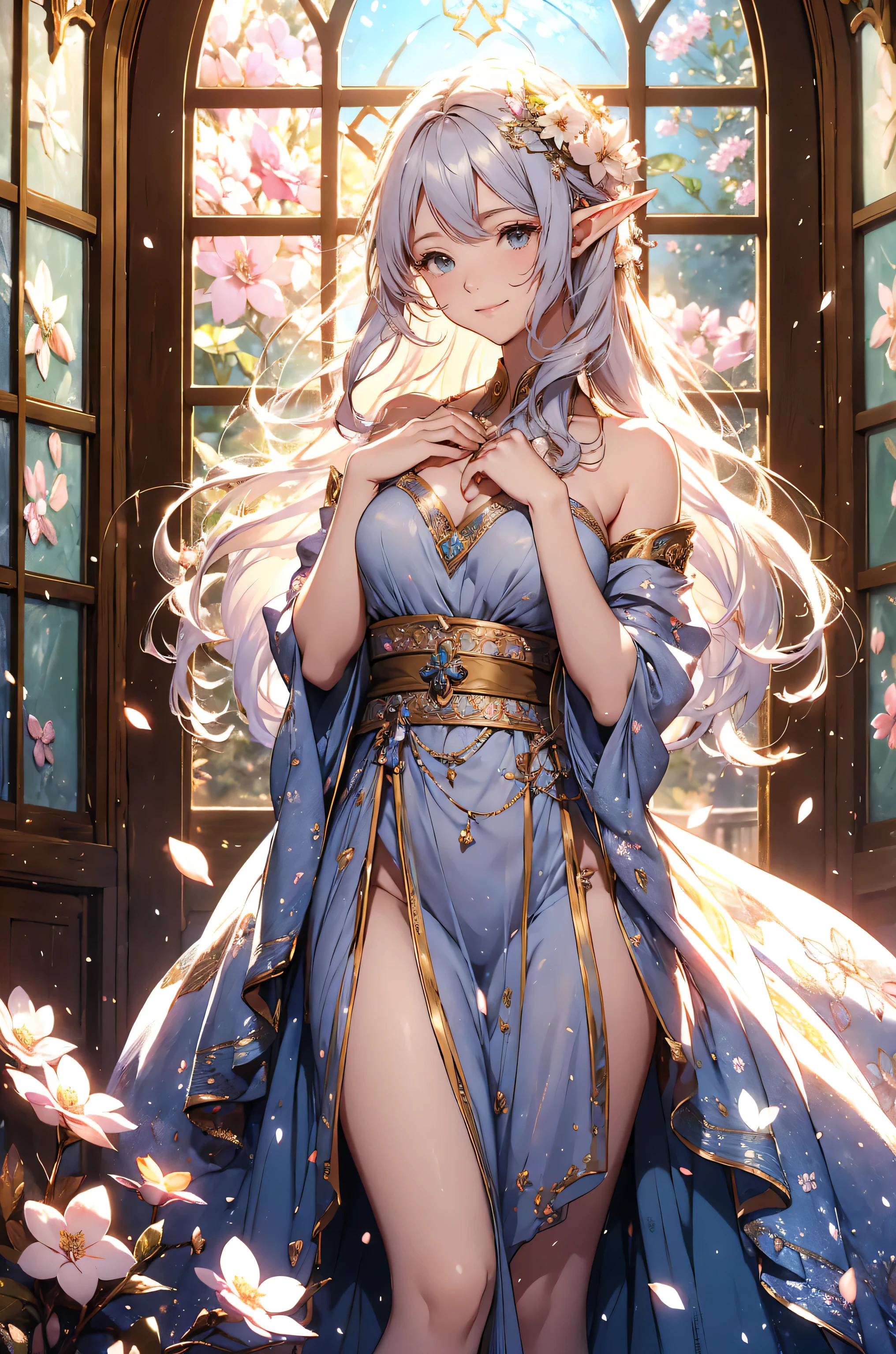 best quality ！、(  beautiful ELF   ) 1girl cute smile！smile!   House of the Elves , 、beautiful decorations、、beautiful room 、Beautiful skin with a chest circumference of 130  、 exact finger、sexy、 Beautiful chest skin ！BEAUTIFUL THIGS、beautiful legs ‼️ slender model figure、明るい色彩、日差し、music 　Healing simple lawn composition fantasy world、western fantasy style  　flower、  beautiful interior stained glass　　　Many kinds of flowers　  Mr..々flower　 butterfly々Outside the window　cherry blossoms、、 
Keep it simple      　 beautiful brilliance 、long silver   hair、The strongest beautiful decorative flower sexy white dress、  calm atmosphere   petals、  open 、  Beautiful young body 、  big 胸 、beautiful skin,  、beautiful brilliance,  high definition depiction  ,                              Realistic Fantasy Romanticism ,, ultimate beauty　moving！high resolution, 