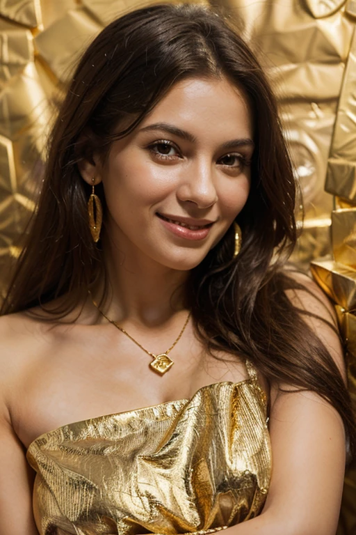 mulher loira, usando blazer, sorrindo, lateralmente, a hand in complaining, wearing gold ring, usando brinco de argola em ouro, usando corrente com pingente formato ferradura em ouro. imagem 1920 x 650 px
