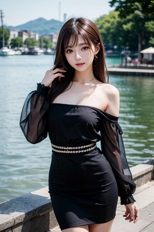 ulzzang-6500-v1.1, (RAW photo: 1.2), (Real photo), (Real photo: 1.4), 1 girl、Perfect anatomy、20 years old、Looking at the camera、Medium length hair、dress, skirt, Dancing by the campfire on the beach at night, with moon and stars, ((by the beach at night: 1.1))、(Hyperrealistic tights: 1.2), (Business service)、Asian eyes Ella,