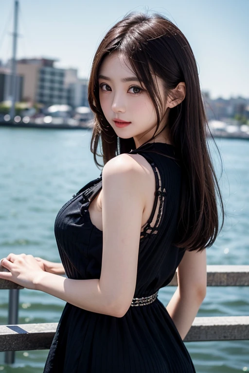 ((Highest quality)),((最high resolution)),((high resolution)),((detailed)),((High definition)),((8K)),((Perfect body)),((Perfect Face)),((Realistic)),((Real)),((Realistic)),((Beauty)),Wharf、Outdoor、night、City、night景、Black Hair、((Only the tips of the hair are pink))、Straight long hair、Very dense makeup、((Black clothes))、Black ruffled off-shoulder top、((Slanted Eyes))、White Skirt、(big breasts:1.1)、profile、((View from the left side))、A melancholic look、(profile)、(((View here)))