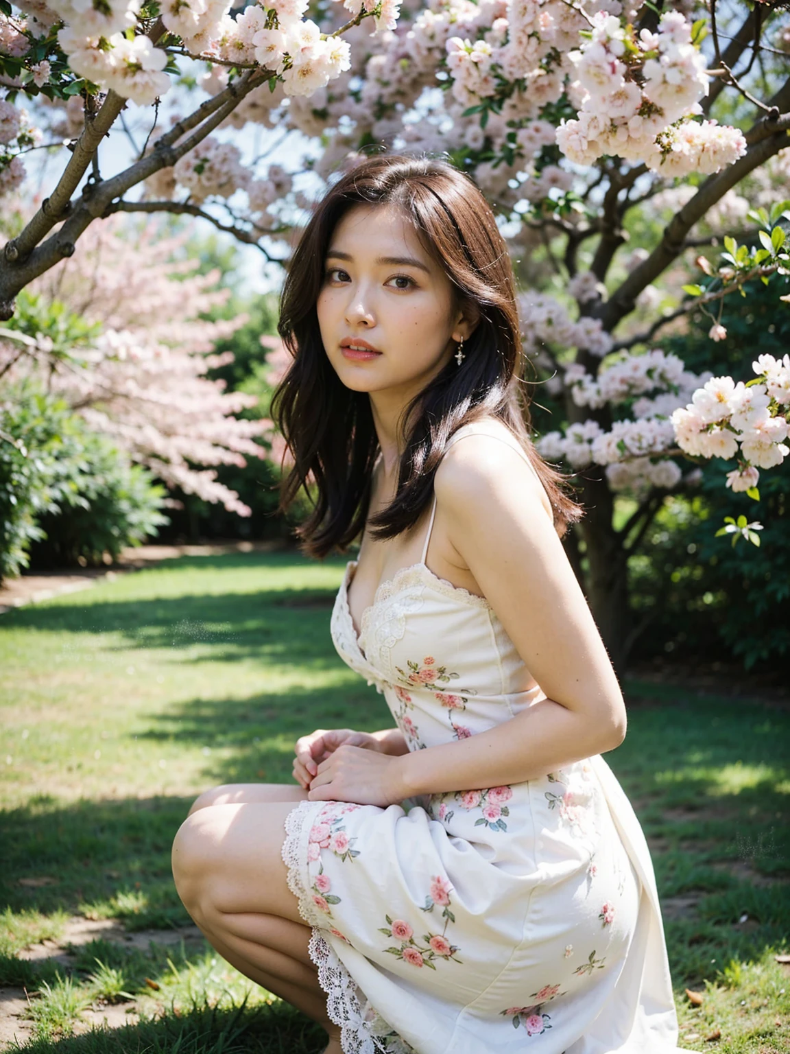 high-resolution photo of a beautiful woman wearing a summer dress sitting on a blanket in a park, photorealistic, UHD, optimal photography, natural lighting,