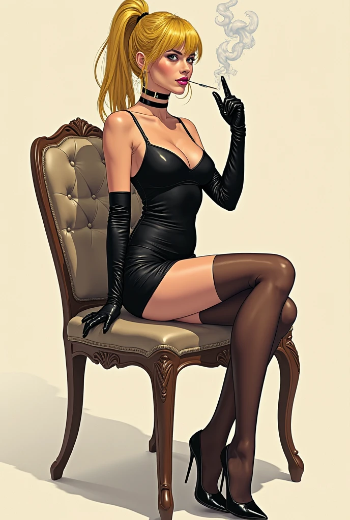 Clay Mann, grayscale, outline, lineart, monochrome, noir theme, sexy and sensual woman, solo, (small breasts:1.2), sitting, crossed legs, high heels, detailed, masterpiece, absurdres, best quality, cowboy shot