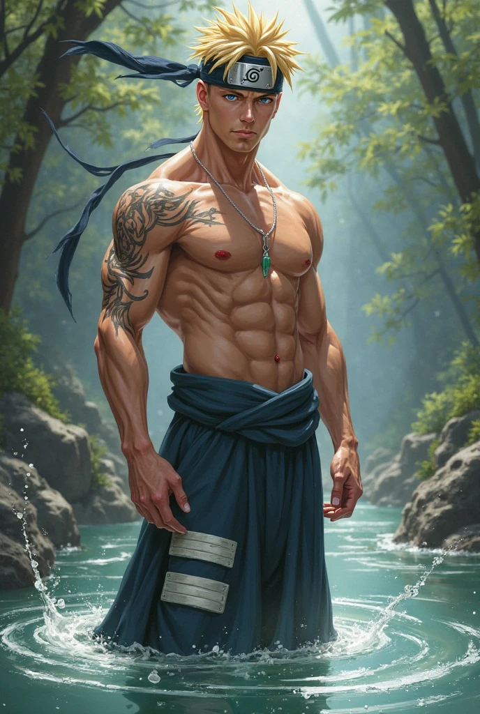 masterpiece, best quality, 1 man, man, nioh standing, red hair, grey red eyes, forked hair, short hair, long bangs, handsome, masculine, gentle, tall, quiet, light blue trousers, prince. Sword. Japanese. Sit-up. Upper body bare skin. Sunset. In the sea. Fish. School of fish.