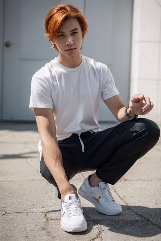 A 2d drawing of a boy with short white hair, gray pants and simple black shoes