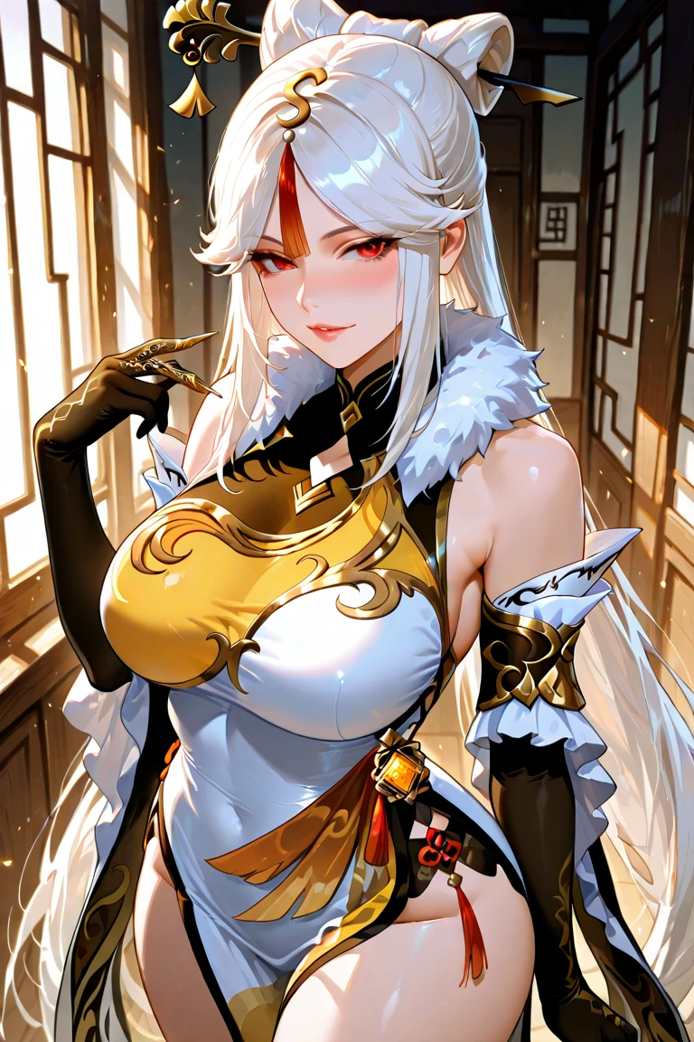 Detailed illustration in anime style. A young woman with long, flowing platinum blonde hair. An intense, seductive expression with piercing red eyes. A slight blush on her cheeks. She wears an elegant, form-fitting white outfit decorated with an intricate golden Art Nouveau pattern. The outfit includes a backless, long-sleeved top and high-waisted pants. Elbow-length black gloves. In her right hand she holds a red dagger, near her waist. Her left hand is relaxed at her side. Her body is posed sideways, looking over her shoulder. With a lustrous butt, her posture is confident and poised. Large red earrings that match her eyes. Overall, the look is fierce and elegant, with a strong emphasis on the intricate details and glittering elements of the garment.Anatomically correct, 