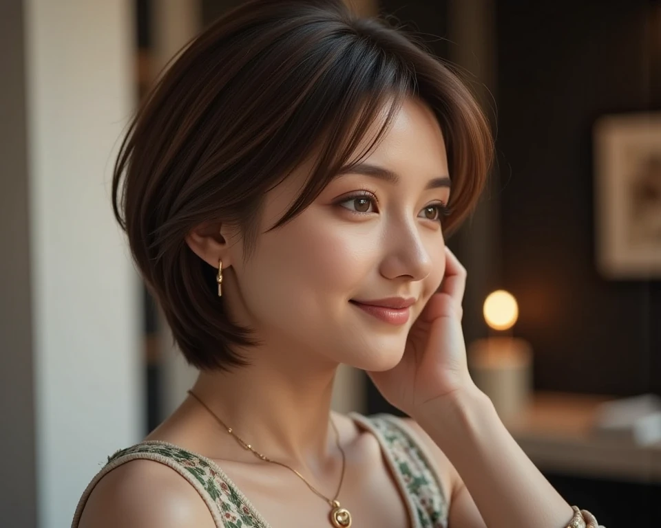 ((Best Quality, 8K, Masterpiece: 1.3)), 1 Girl, Slim Abs Beauty: 1.3, (Hairstyle Brown Hair Shortcut, Big: 1.2), Dress: 1.1, Super Slender Face, Delicate Eyes, Double Eyelids, Smile, Home, Raw Photo