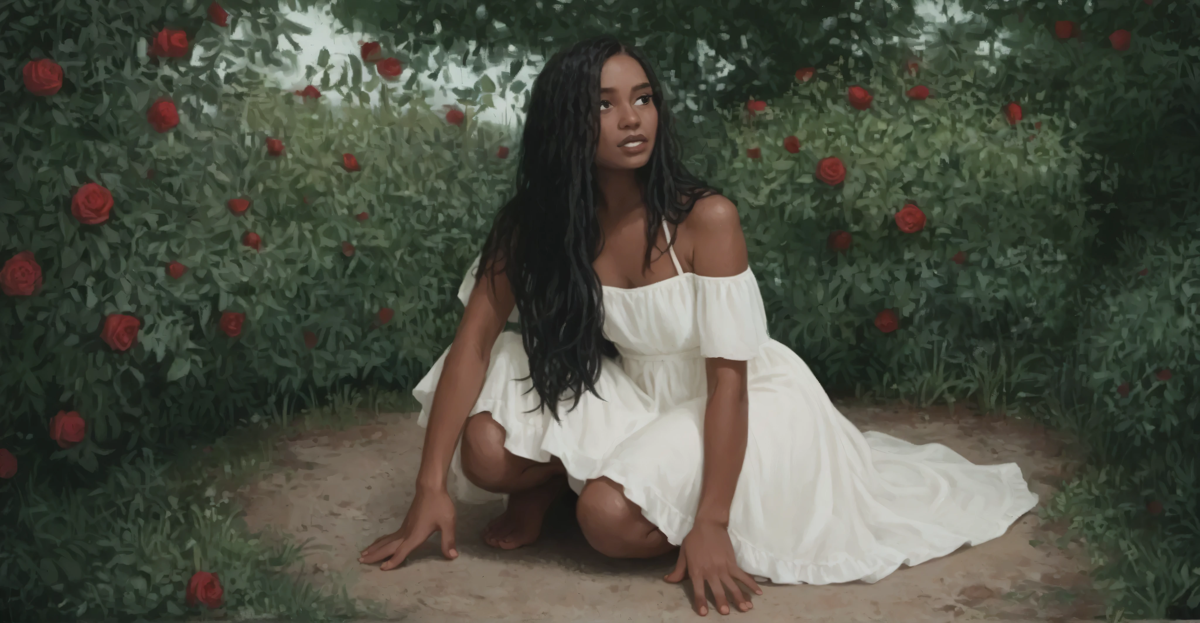 a girl kneeling in a rose garden wearing a long white dress, straight black hair, long hair, round chin, snub nose, black eyes, BROWN LIPS, sorriso, boca aberta, perfect teeth, sardas, glowing skin, medium bikini, big feet , bare feet
