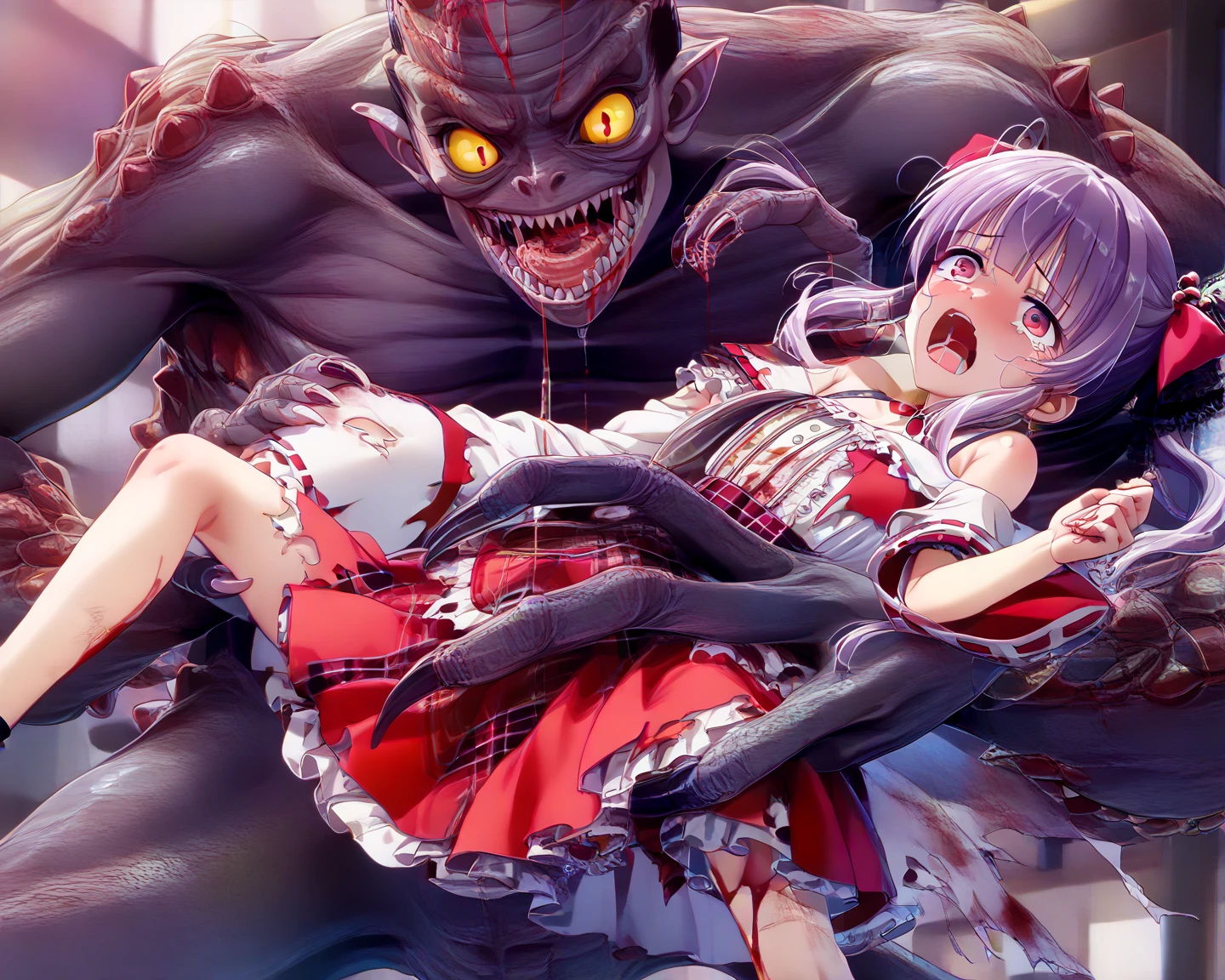 Zombie little girl，With vampire teeth，lie on the floor，Show crotch，white transparent，凸起Sexy，There are on the street，Watch，Spread the joy of leg presses，Clothes are tattered，There are bite marks on the body，View from the side，pained expression，Sexy，forward and backward，Half-kneeling position，His whole body is covered with blood，crazy，Bite marks all over the body，Skin changes，Grow claws，The main character is biting another ，Cultivated meat wings，Grow a tail made of red flesh，Spread your legs，Growing extra tentacles，