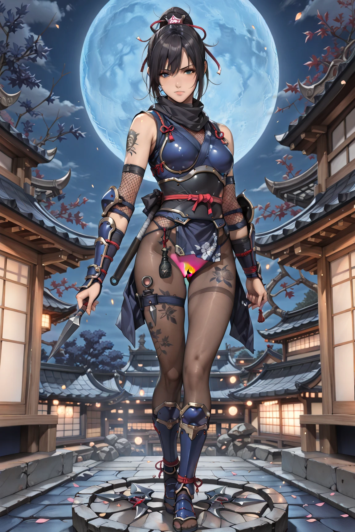 nighttime,full body,Genshin Impact:Raiden Shogun,(((Wearing Fluorescent fabric:harem outfit,Suzhoou embroidery technique:Lace sequin cloak woven from feathers))), Fabric Glows, Masterpiece,best quality,official art,extremely detailed 3DCG unity 8k, ( ##tattoo ##,tattoo, ~+ tattoo), (erfect female curves, huge stacked breast and proud cleavage),(A seductive gaze), Facing the camera, Pink lips,Blacklight lighting,full body, pants, vest