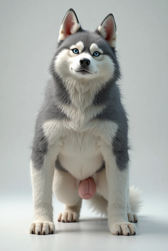 Perspective from below white wolf naked male furry legs apart looking down blue background squat pose blue eyes serious look claws on knees fluffy tail scars growling salivating erection penis knot wolf