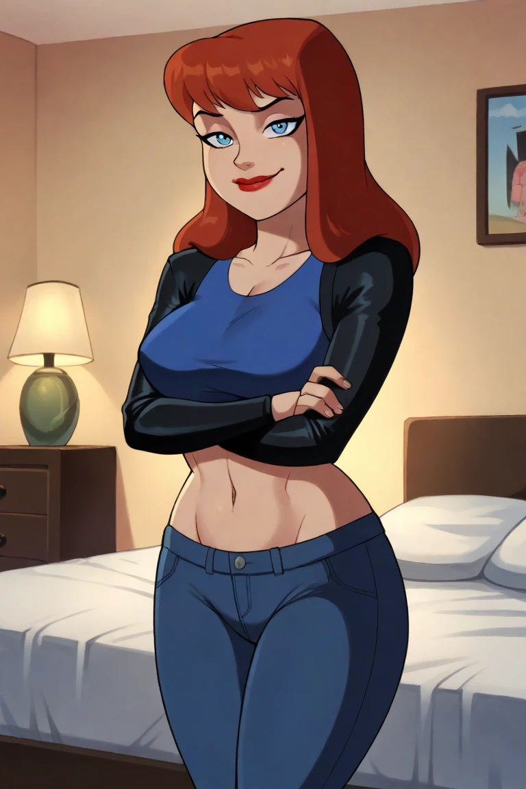 gwentennyson, (8k, RAW photo, best quality, masterpiece:1.2), (intricate details), perfect eyes, perfect face, perfect lighting, beautiful, (masterpiece:1.2), (best quality:1.2), 1girl, cartoon style, solo, redhead, green eyes, small breasts, perky nipples, dark pink nipples, detailed vagina, smiling, red sweater, blue jeans, bare feet,(feet included) (full body)