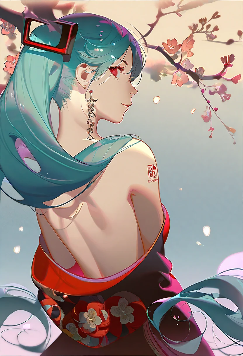(masterpiece, best quality, niji style, anime), beautiful lady back, high detail skin, (flower tattoo on back), upper body, (giant lotus leaf), (2D:1.2), (colorful:1.4)