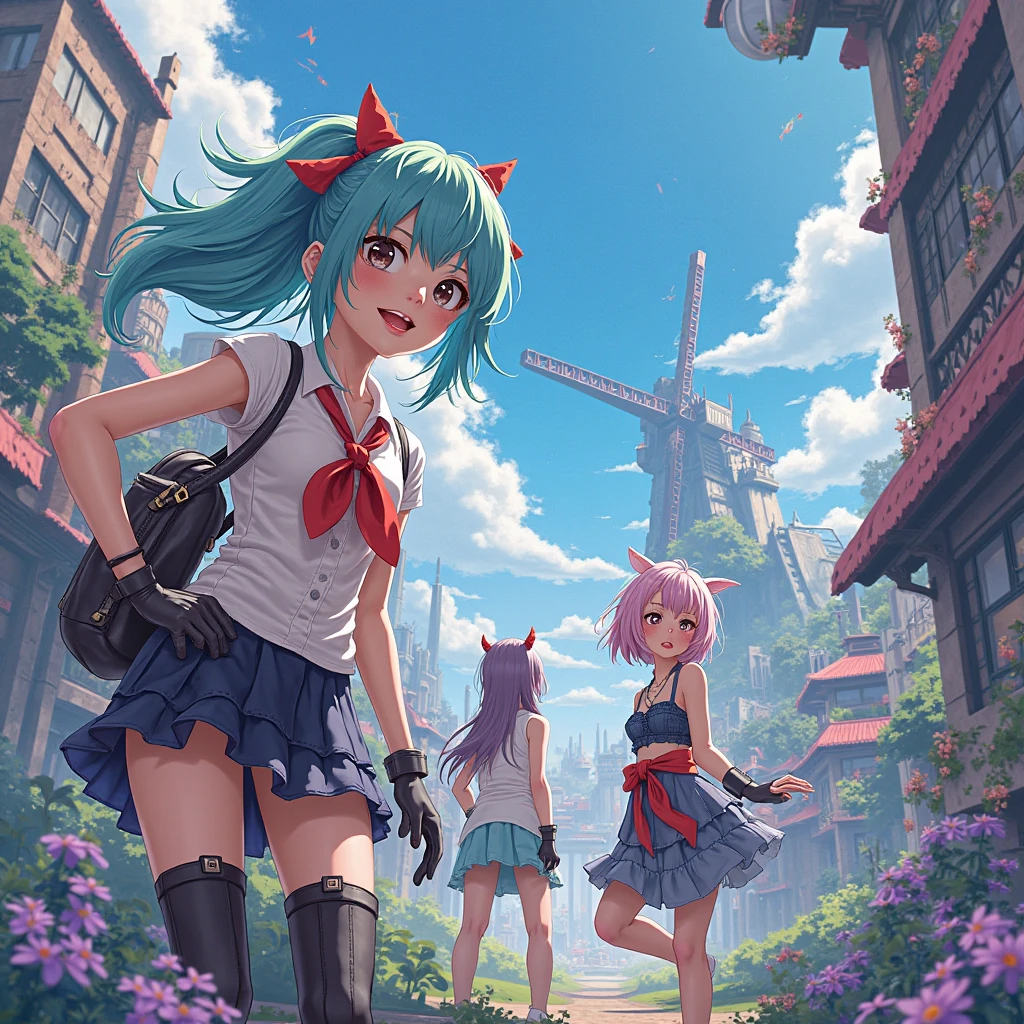 Group of 3 blue-haired girls, The ages were 13 and 14 years old, together, When they invaded the city,They are ready to defend against the enemy blue-haired for 14 years., A 14-year-old girl,Straight hair,Bare back,chest baring,But wearing erotic underwear typical of ancient Egypt,dark-skin,Get lost in the different streets of the city,It's noon。. You can see the city from the end of the mountain.
