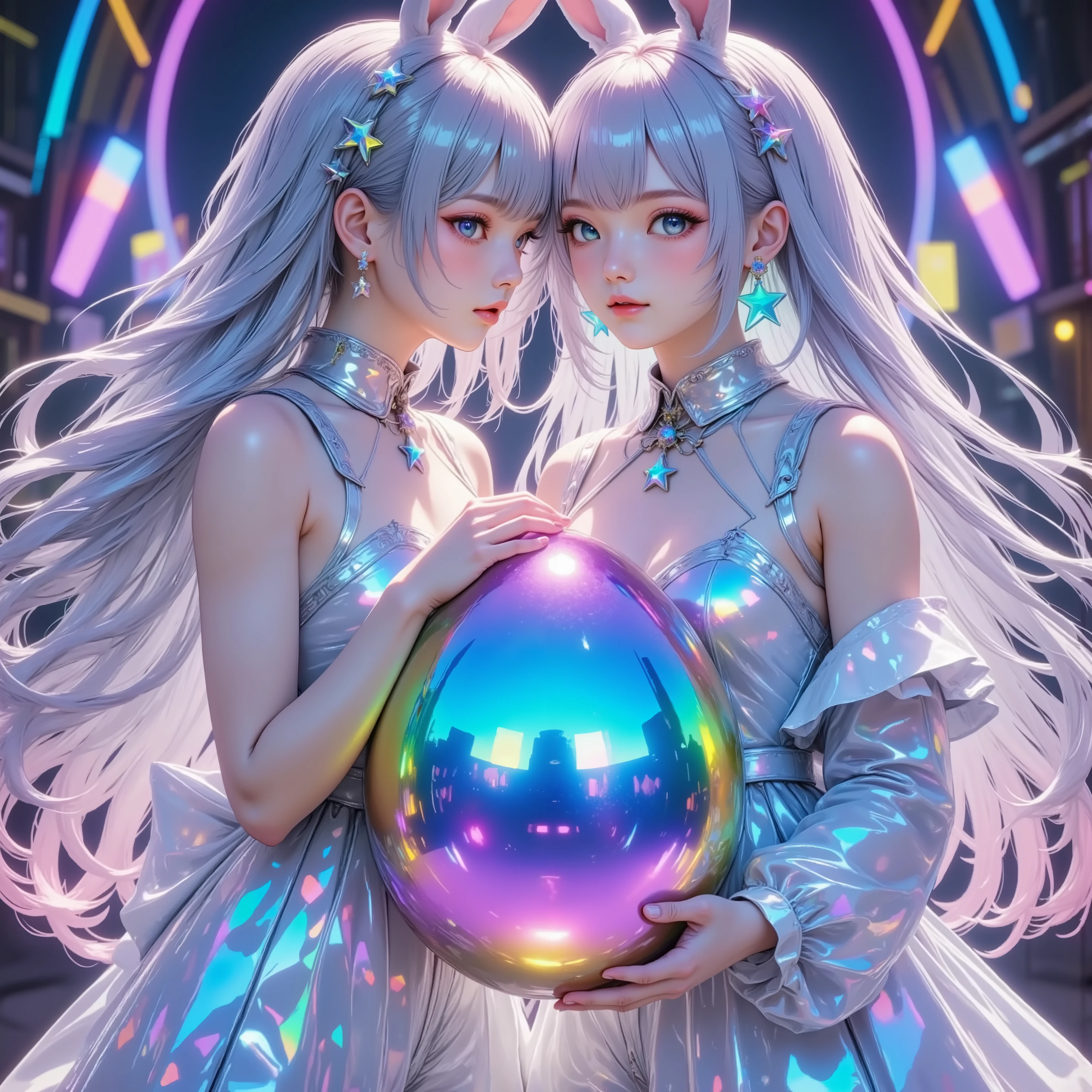 2girls、Two people hug a big colorful Easter egg、Bunny Eared Girls、The surface of the metallic egg reflects light and shines、white hair、White Rabbit Ears、Slender Body、Same pose、ultra high definition digital art、((masterpiece)、best quality、Super Detail、absolute resolution:1.3)、(4K、8k、16k、high resolution:1.3)、moonlight、Perfect proportions, detailed face and hands, beautiful skin