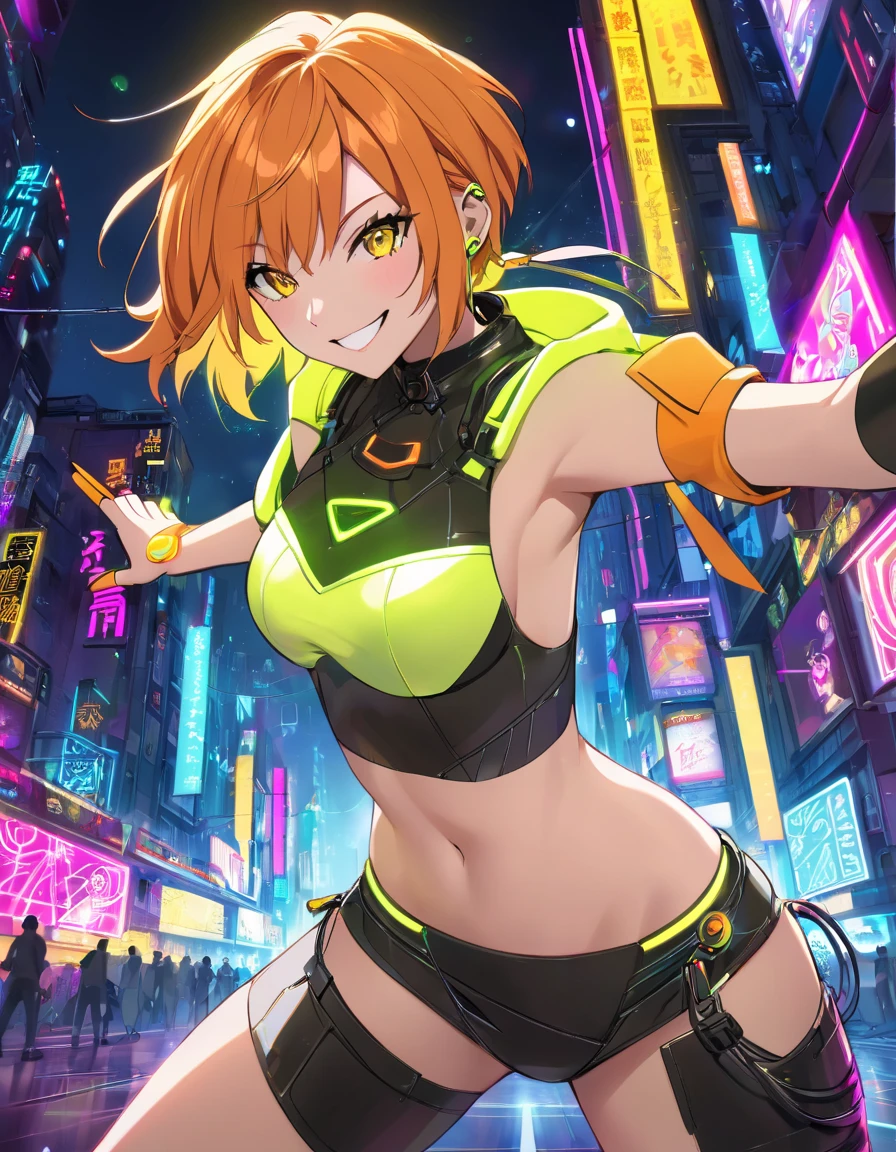 Draw a manga-style character with a physical appearance with this form of the hair Orange with black highlights, tied into glow two ponytails shaped like , Pink color eyes, bright, and expressive and Build Slim and athletic, Attire Upper Body White leather jacket with cyberpunk details, such as integrated LED lights or futuristic lines, Lower Body Sporty bikini in orange, white, and black colors, blending with the cyberpunk style while allowing freedom of movement for physical activities, Personality Creative and curious Always seeking new experiences and forms of expression, Her creative mind drives her to constantly explore new ideas and concepts,glow bikini suggestive, white skin girl,smile coquette, small , ojos color rosa, mini skirt, full body
