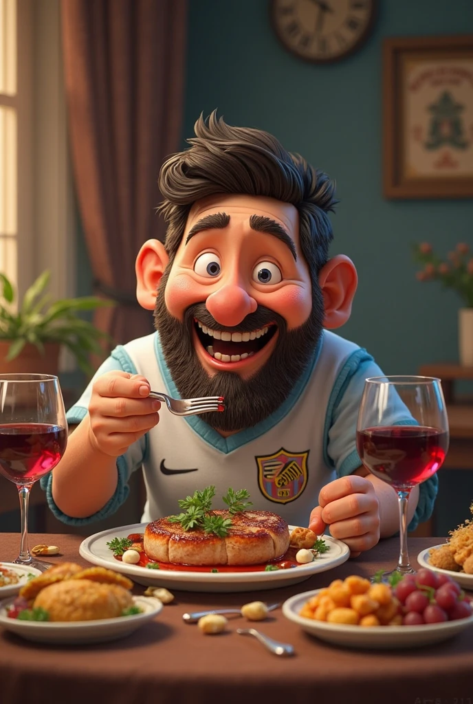 MINIATURE FOR YOUTUBE IN A CARICATURE OF LEONEL MESSI IN A PINK UNIFORM OF INTER MIAMI CF, IN A RESTAURANT EATING PASTA