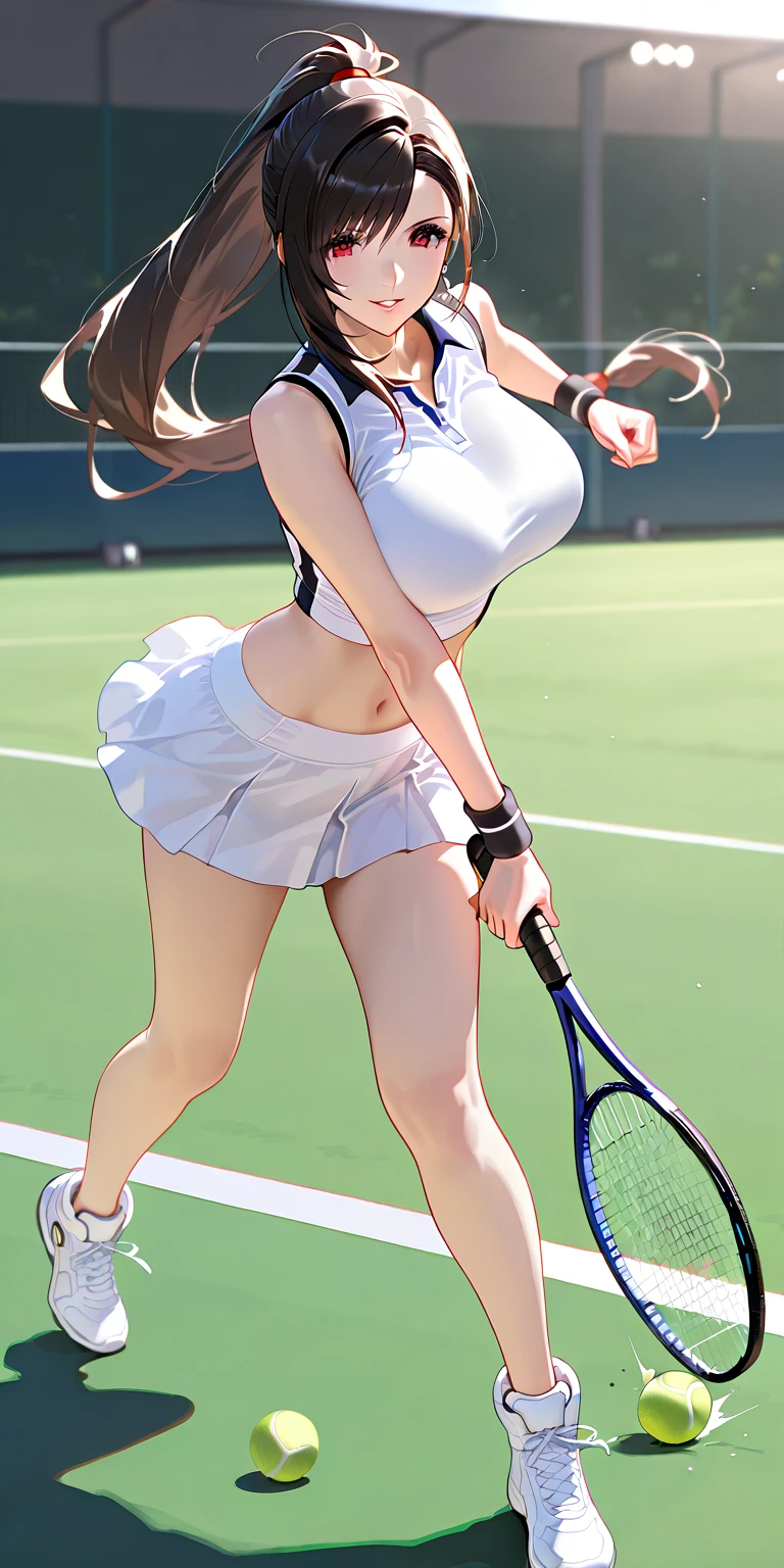 anime, beautiful face, highly detailed face, 2 accurate legs detailed eyes, highly detailed background, perfect lighting, accurate arms, accurate hands, accurate fingers, blonde hair, full body, 1girl, solo, ruby hoshino, oshi no ko, outdoors absurdres, high res, ultrasharp, 8K, masterpiece, looking at the opponent, (full body:1.4), teasing smile, gym clothes, tight sports wear, playing tennis against someone, cleavage, on a sports pitch