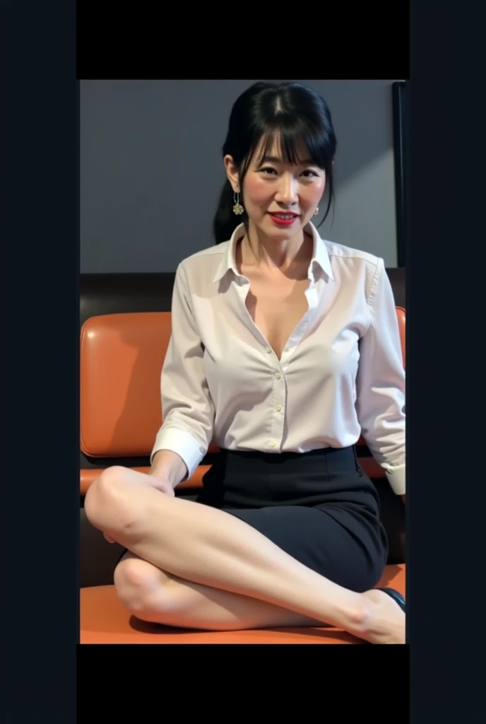 Japan woman 50 years old, Head to Tow, sitting in office, Office Clothes, Black Pointed 7cm High Heel Pumps Up, Short skirt, Black Choker, Eyes wide open, Makeup well, full shot of heels