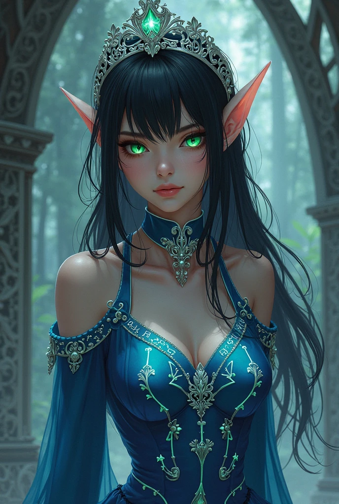 1 girl, Beautiful elf lady, begie blue Long straight hair, upturn elf pointy ears, sexy figure, charming cleavage, very beautiful face, detailed face, delicate eyes, detailed pupil, beautiful and delicate lips, pale skin, Serious, arrogant, absurd, gorgeous detailed dress, royalties, celebration, elegant, Noble, Bare shoulders, small crystal earrings, hand drawn animation, high detailed, palace banquet hall, symmetrical clothes, best quality, masterpiece, Fair,